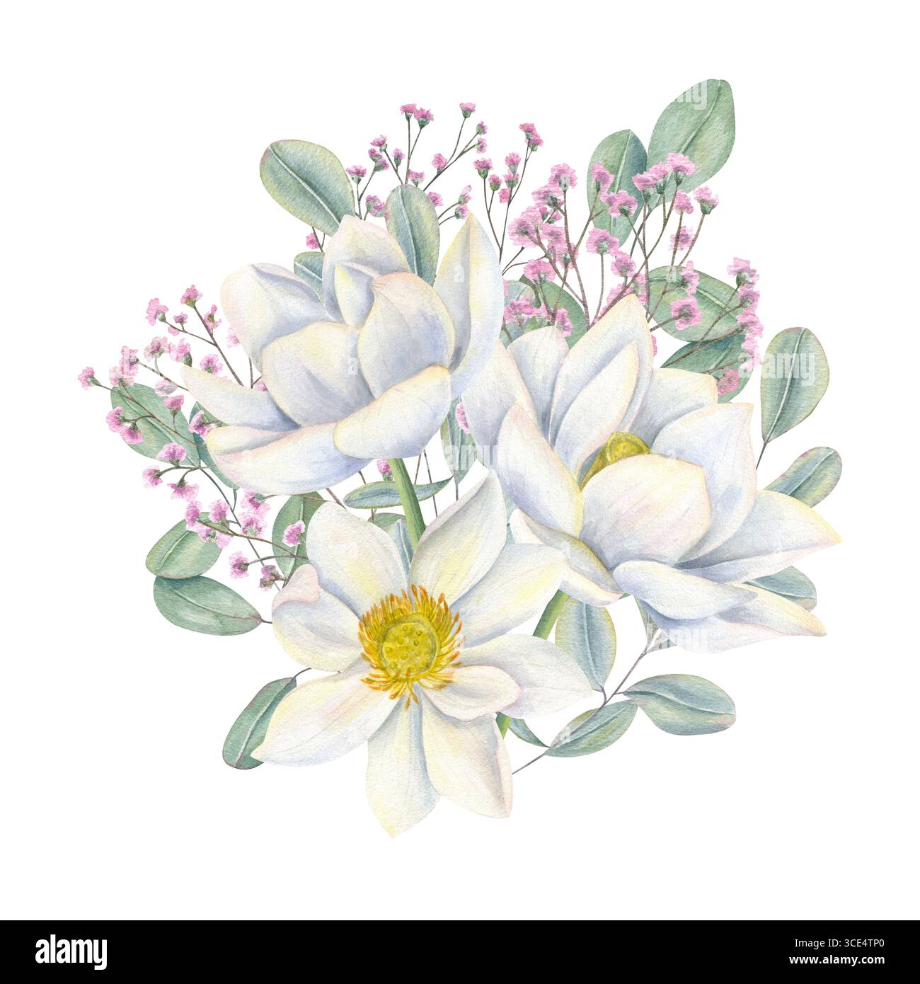 Bouquet d'aquarelle de lotus blancs, de gypsophila rose et de feuilles d'eucalyptus sur fond isolé. Nénuphars, plante d'haleine de bébé, feuilles Banque D'Images