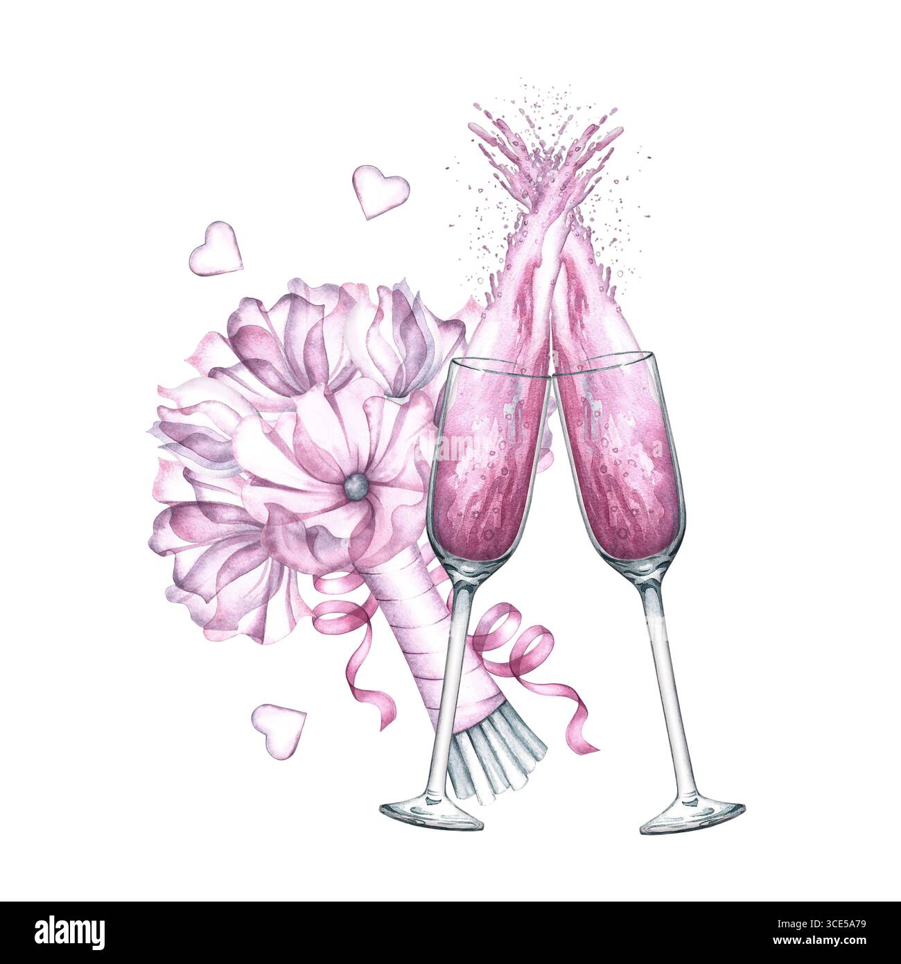 Deux verres de flûte à champagne rose et un bouquet de fleurs roses. Illustration d'aquarelle dessinée à la main. Isoler. Élément de conception pour Banque D'Images