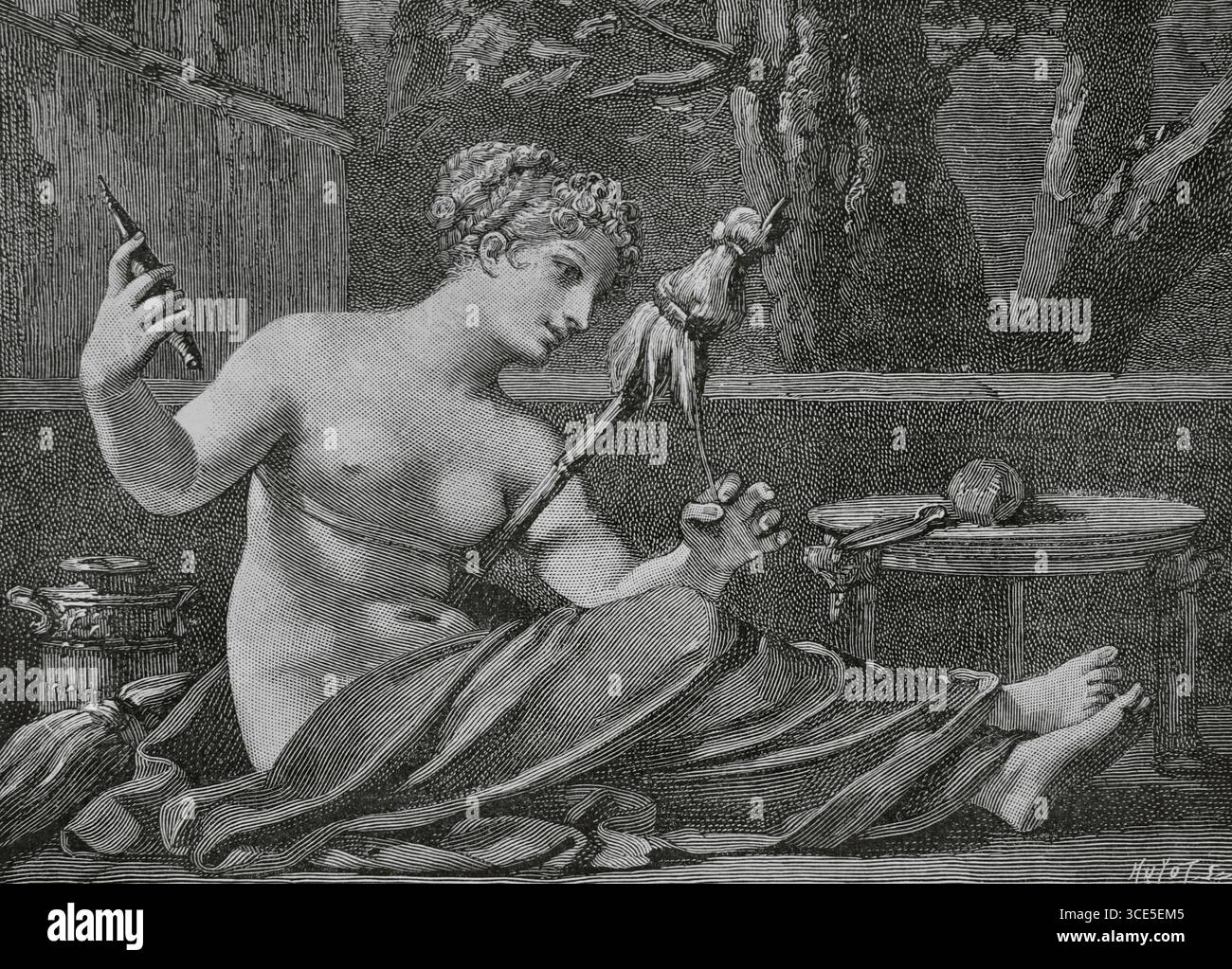 Clotho. L'un des trois destins ou Moirai dans la mythologie grecque, également connu sous le nom de Spinner. Elle était responsable de faire tourner le fil de la vie pour chaque mortel. Ses sœurs, Lachesis et Atropos, étaient chargées de mesurer et de couper ce fil, respectivement. Gravure de Huyot d'après Pierre-Paul Prud'hon (1758-1823), vers 1800. Directoire, Consulat et Empire. Moeurs et usages, lettres, sciences et arts. France, 1795-1815' (Annuaire, Consulat et Empire de France. Coutumes et traditions, lettres, sciences et art. France, 1795-1815), de Paul Lacroix. Publié à Paris, 1884. Banque D'Images
