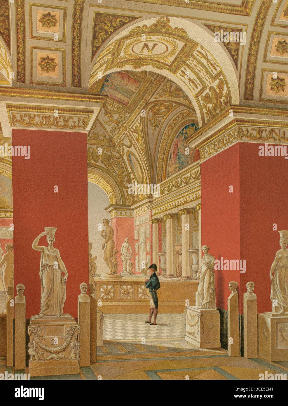 Paris, France. Musée Napoléon. Projet artistique entrepris par Napoléon Bonaparte, qui décida de transformer le Palais du Louvre en un grand musée de permis À partir de 1794, des œuvres d'art des campagnes de Napoléon dans divers pays commencent à arriver au musée. En 1803, le musée adopte le nom de Napoléon, remplaçant sa désignation précédente, Muséum Central des Arts. Salle de Vénus au Musée Napoléon, 1810. Chambres et couloirs sous des plafonds voûtés portant le « N » initial de Napoléon, avec des sculptures grecques et romaines classiques. Illustration d'après Percier et Fontaine. Lithographie Banque D'Images