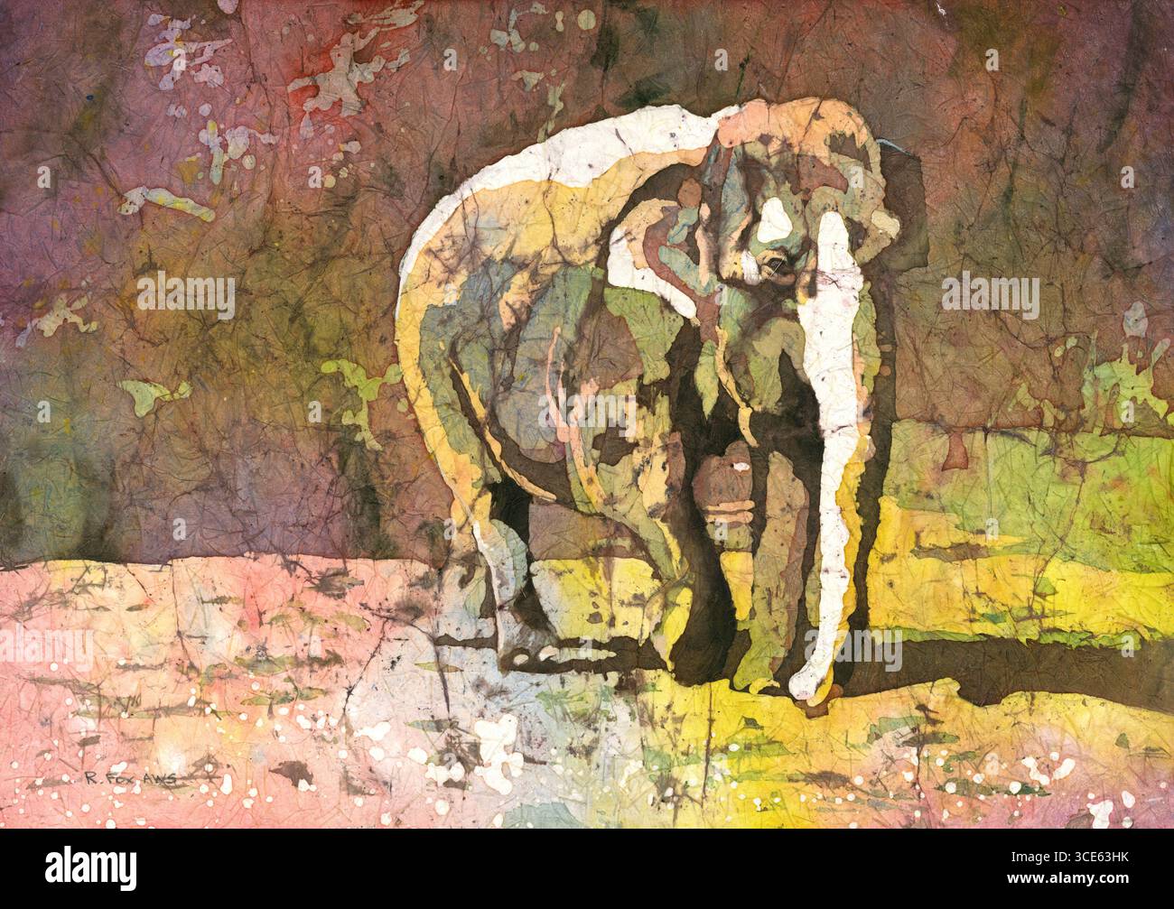 Éléphant aquarelle batik paysage peinture art pour la chambre d'enfants article fait à la main voyage essentiels cadeau safari africain pour elle Banque D'Images