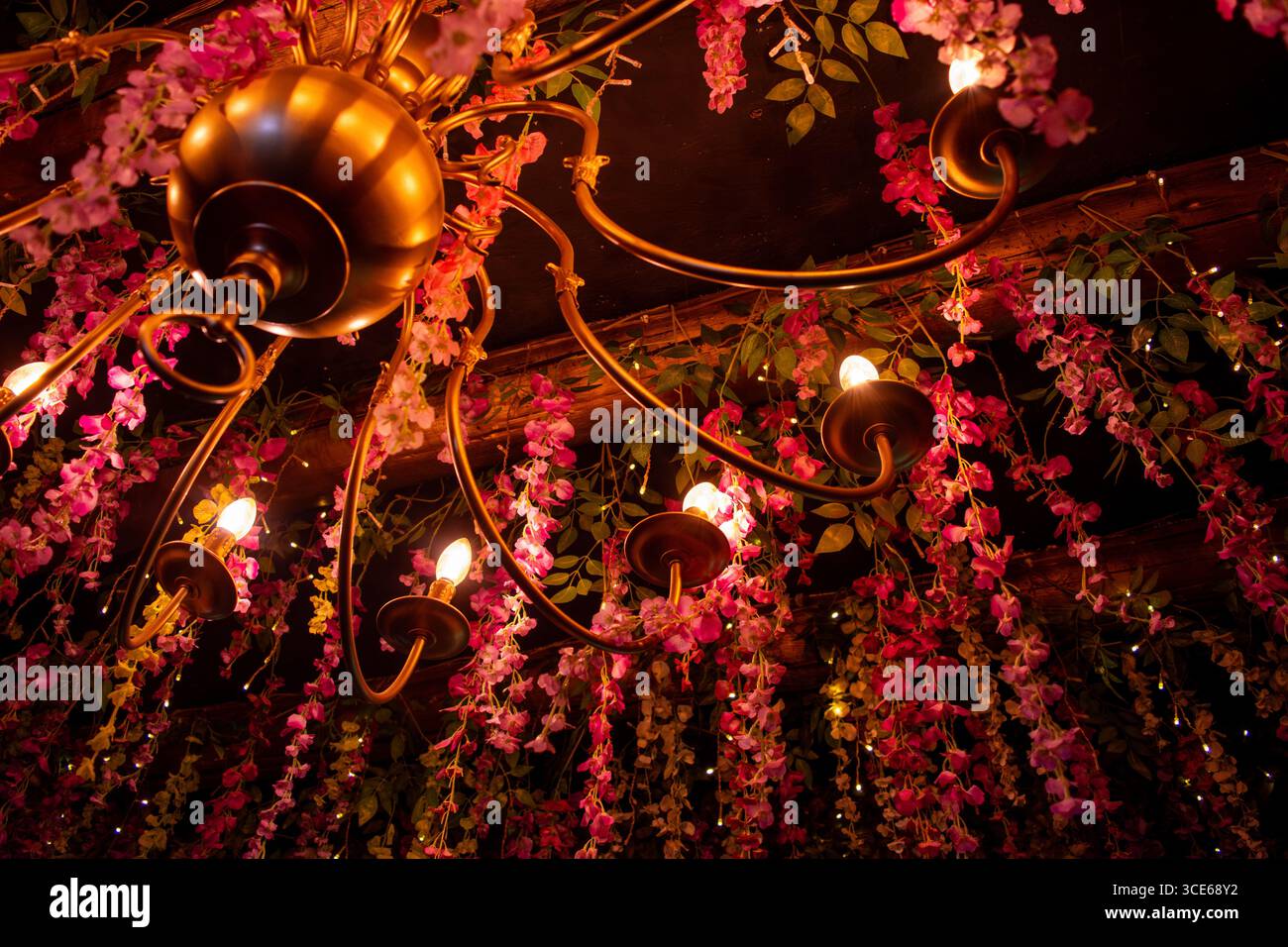 Un beau lustre orné de décorations florales vibrantes, créant une atmosphère enchanteresse. Banque D'Images