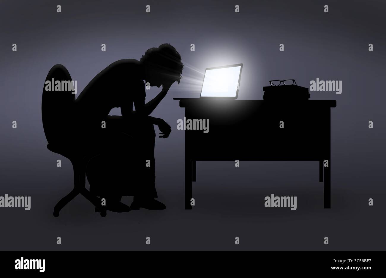 La fatigue oculaire et les maux de tête de tension de travailler toute la journée sur son ordinateur a cette femme tenant la tête et épuisée. Ceci est une illustration 3D de Banque D'Images