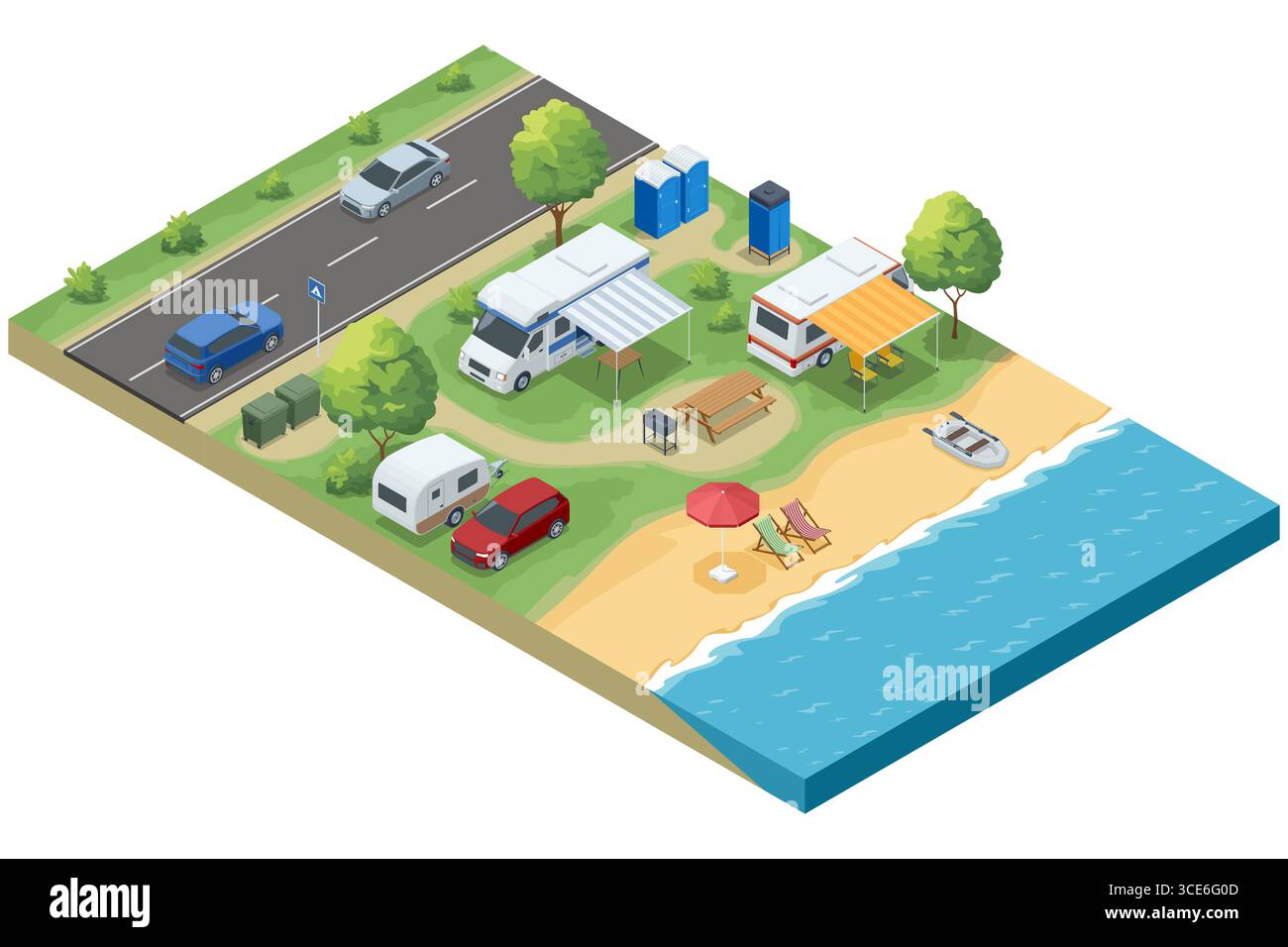 Illustration isométrique d'une zone de camping en bord de mer avec VR, caravanes, voitures, chaises de plage, parasols, et toilettes portatives. Vacances d'été et voyages Illustration de Vecteur