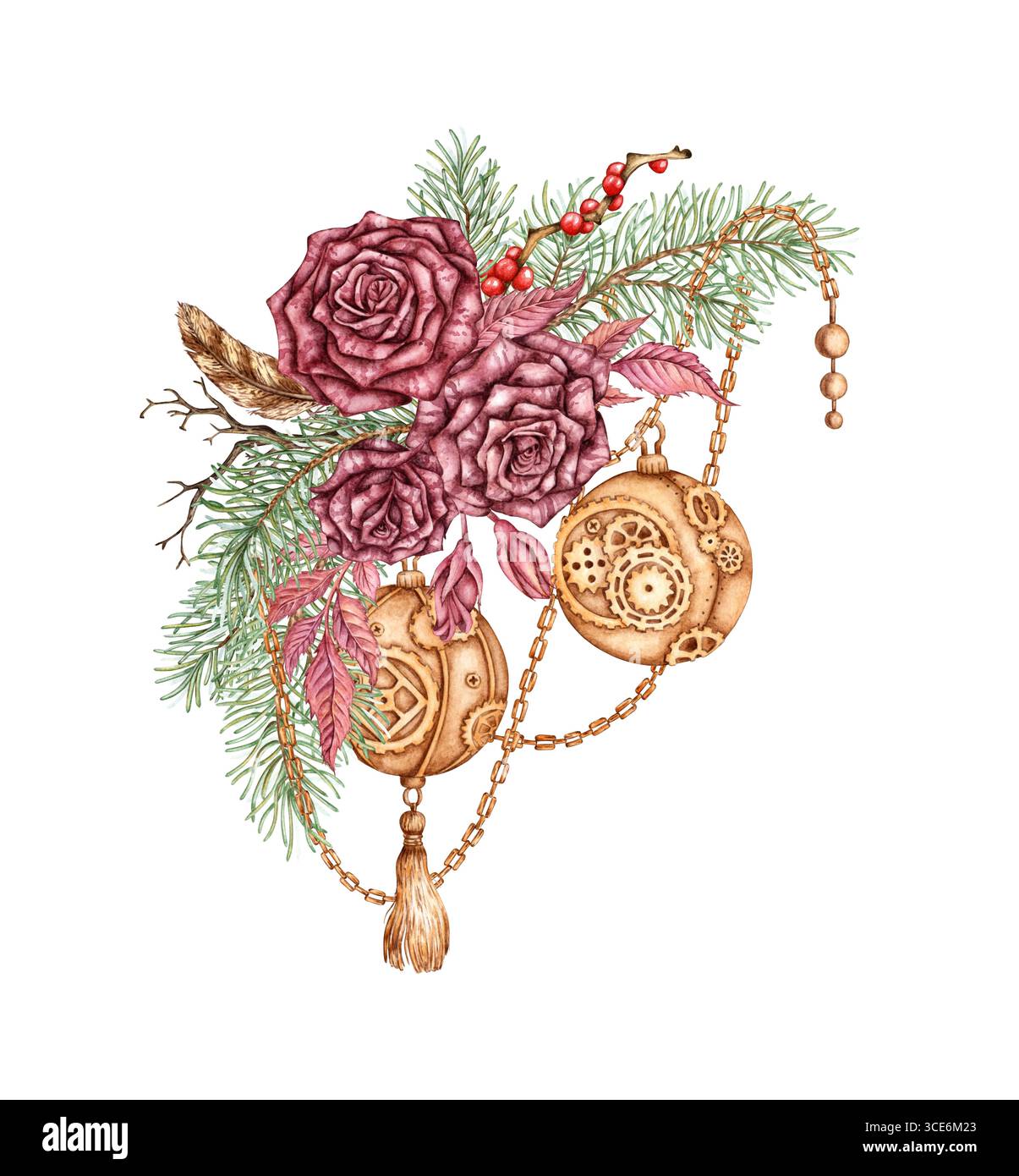 Roses de Bourgogne, avec branches de pin, branches sèches, plume, baie rouge, chaînes, boules et pendentifs illustration aquarelle. Composition hivernale pour Chris Banque D'Images