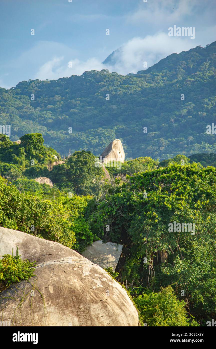Paysage à couper le souffle avec une végétation luxuriante et des formations rocheuses dans Tayrona Park, Santa Marta, Magdalena, Colombie. Banque D'Images