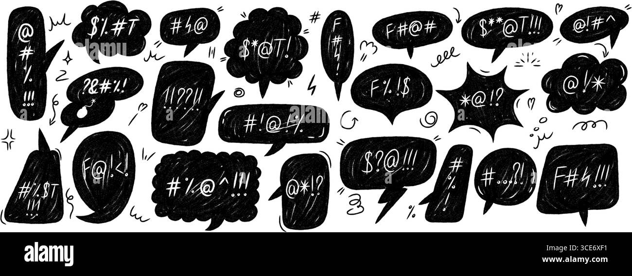 Crayon grunge bulles de discours avec des mots de serment et des symboles de colère. Ballons de malédiction dessinés à la main. Illustration vectorielle sur fond blanc Illustration de Vecteur