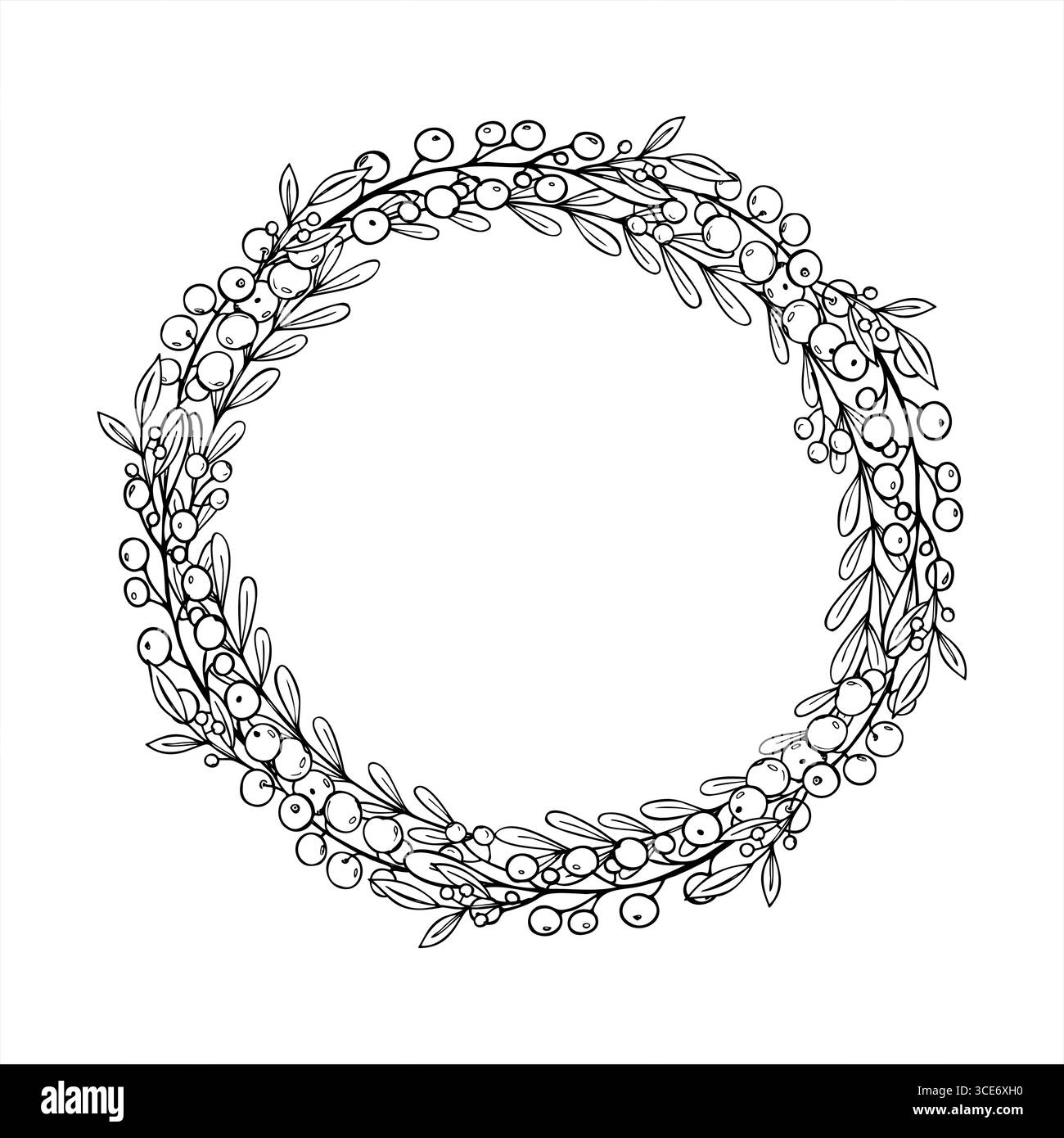 Branches Evergreen avec des baies monochromes vecteur couronne d'hiver. Plante avec cadre de cercle de baies avec espace vide pour le texte. Modèle floral Illustration de Vecteur