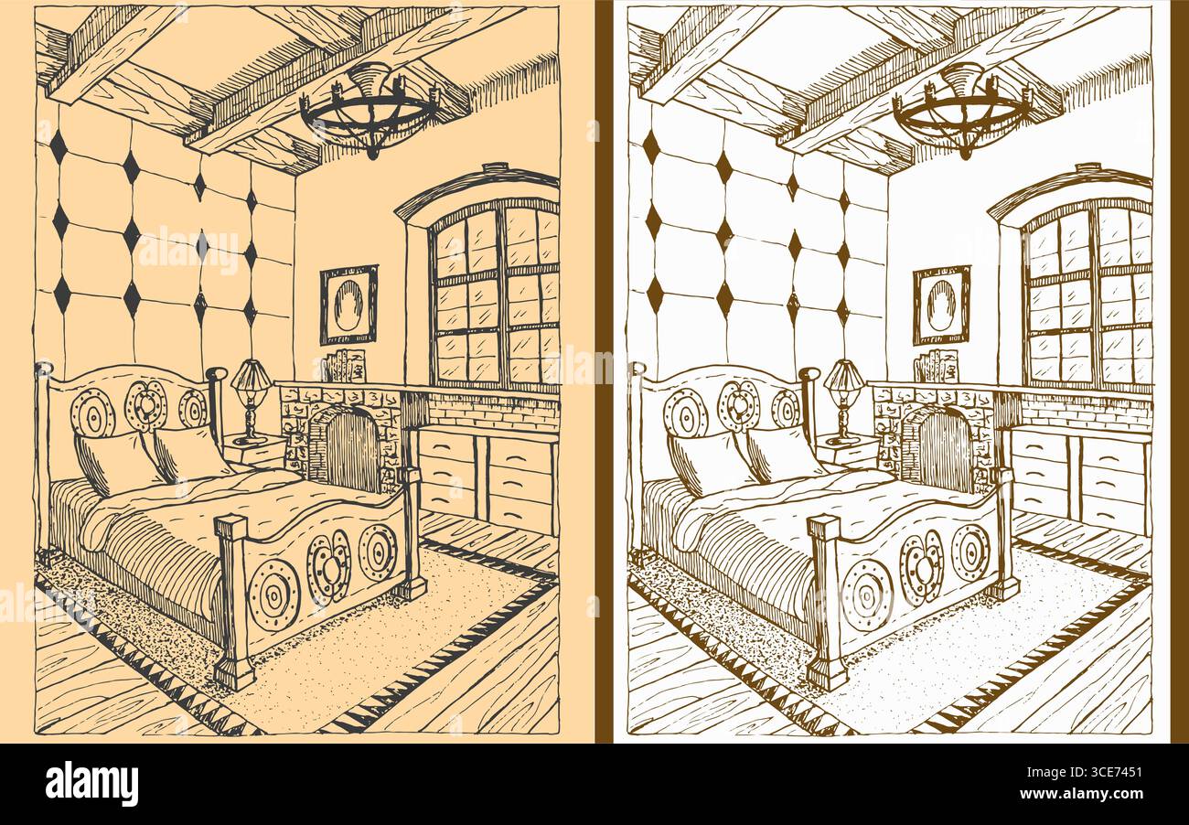 Cette illustration vectorielle dessinée à la main représente une chambre vintage confortable avec un lit orné, un lustre, une fenêtre, une table de chevet et un tapis. Comprend deux versions : Illustration de Vecteur