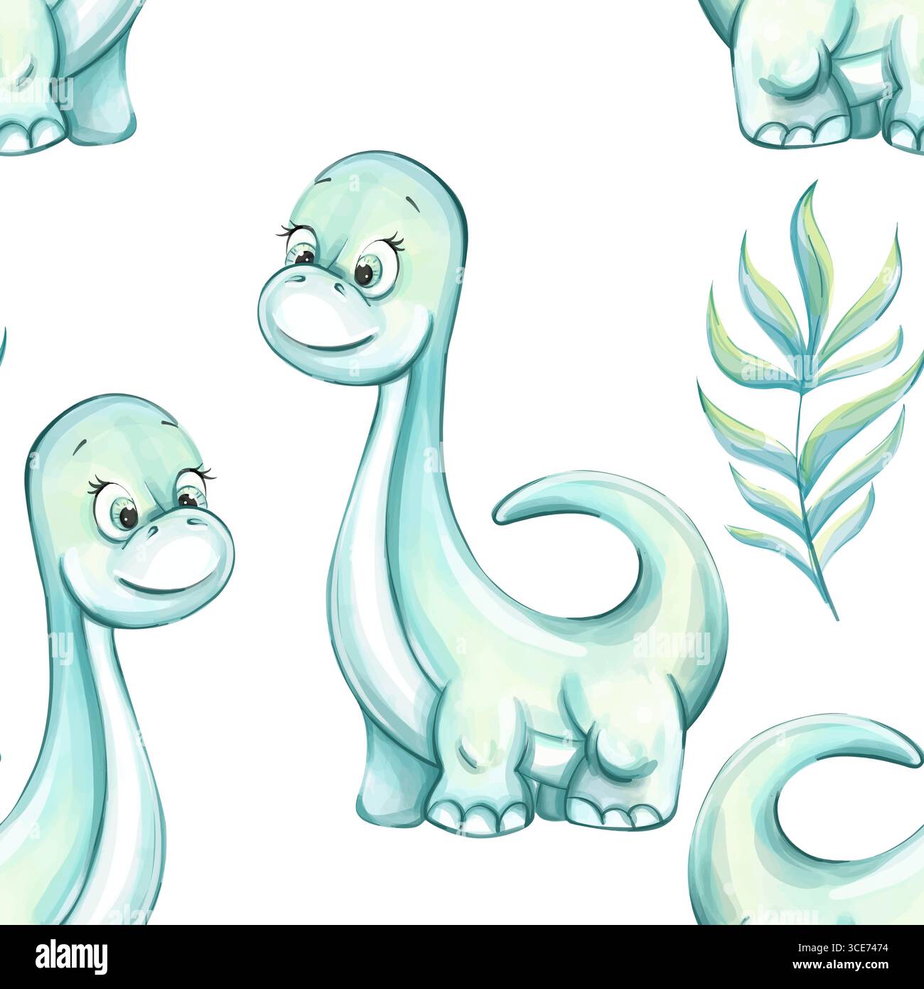 Mignons dinosaures de bande dessinée entourés de feuilles créent un motif sans couture vibrant parfait pour la conception de papier peint et la décoration de chambre d'enfants Illustration de Vecteur