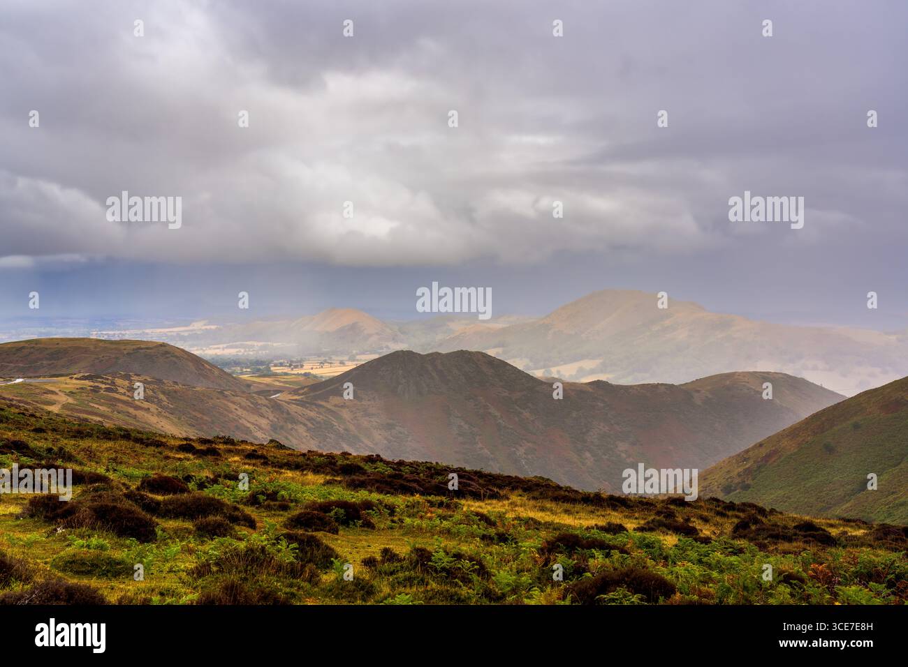 Jour pluvieux sur Carding Mill Valley et le long Mynd Banque D'Images
