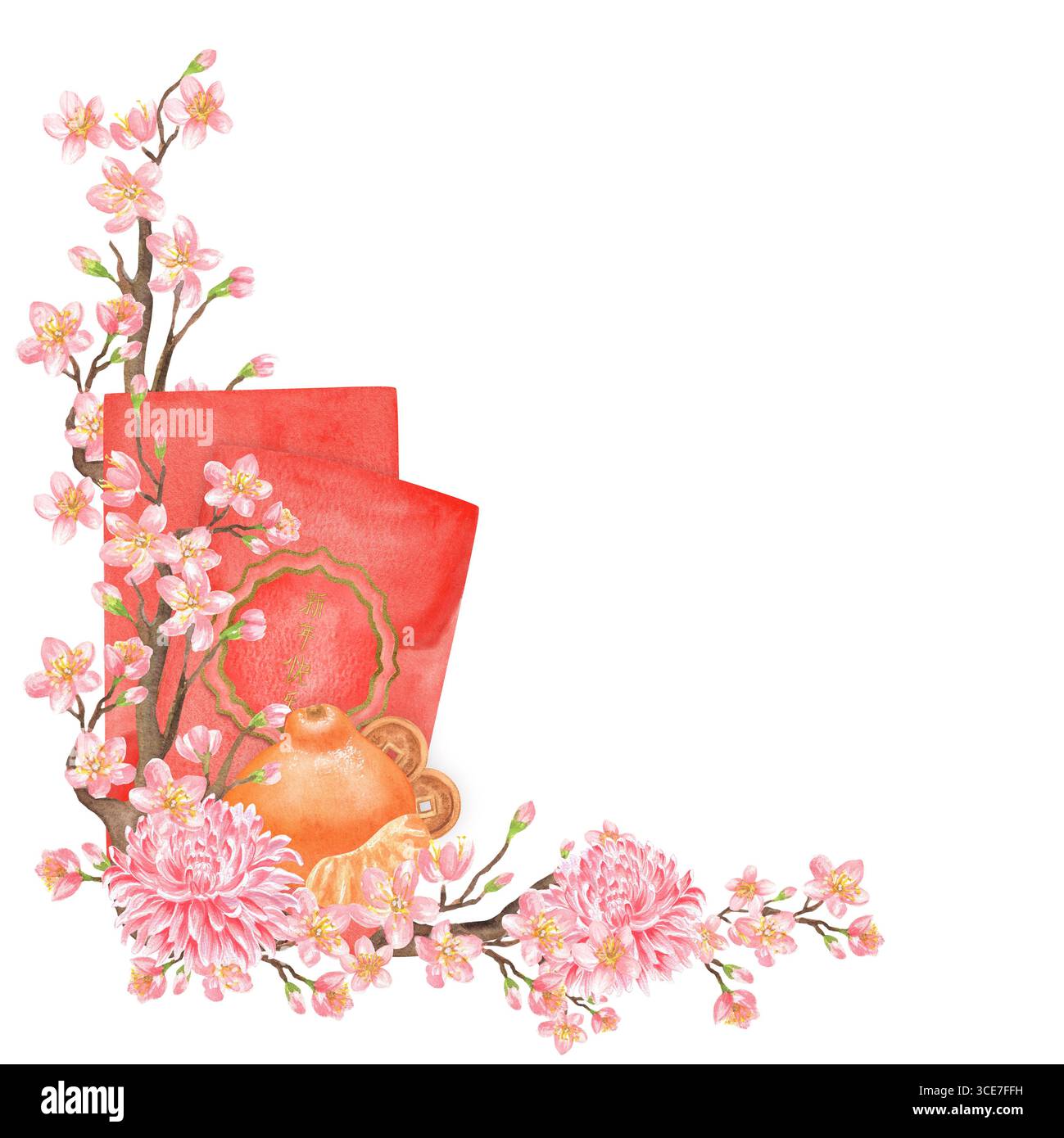 Coin d'enveloppes rouges à l'aquarelle pour l'argent, rameaux de cerisier Sakura, chrysanthème rose, mandarine et pièces de monnaie chinoises. Clipart du nouvel an chinois Banque D'Images