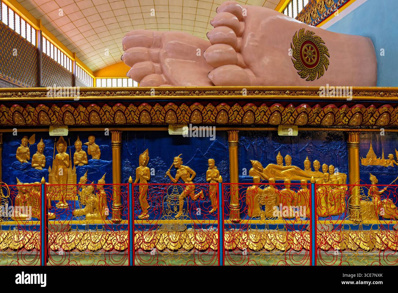 Bouddha couché Wat Chaiyamangalaram Temple bouddhiste thaïlandais, pieds de Bouddha, George Town, Penang, Malaisie Banque D'Images