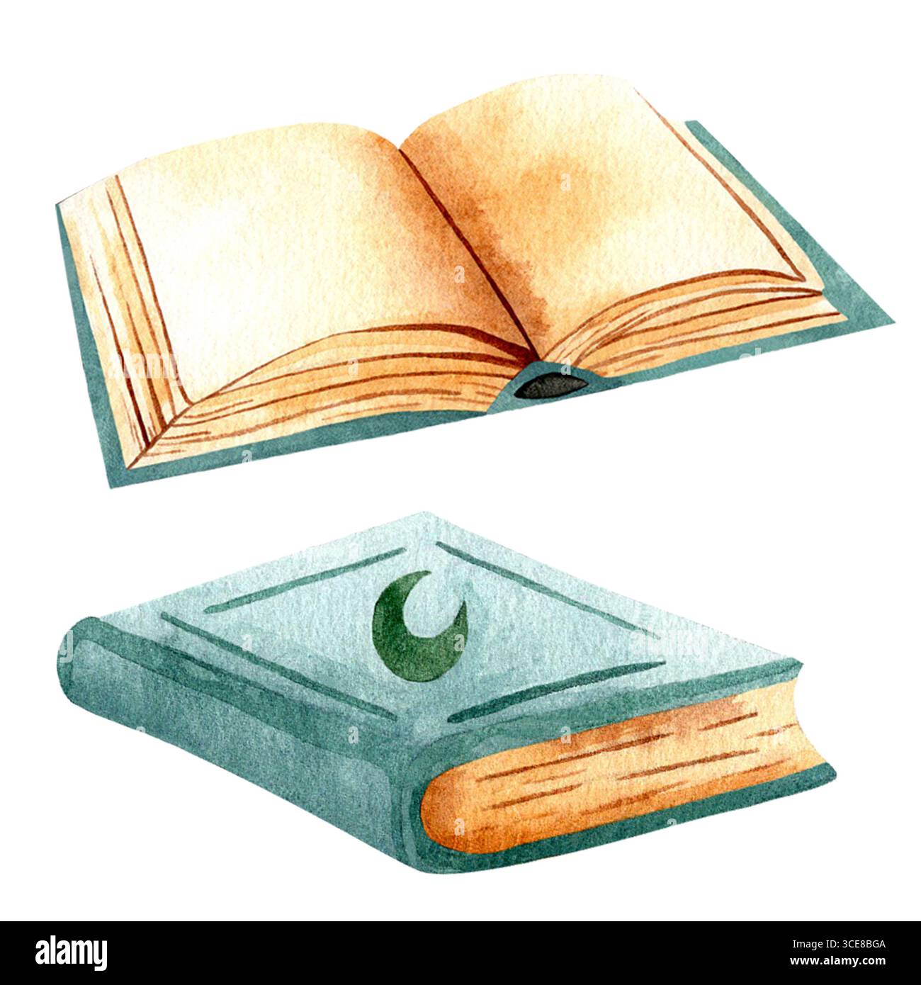 Icônes de livres magiques, fermés et ouverts, sur fond blanc. Dessiné avec des aquarelles. Thème - magie, Halloween, sorcellerie. Banque D'Images