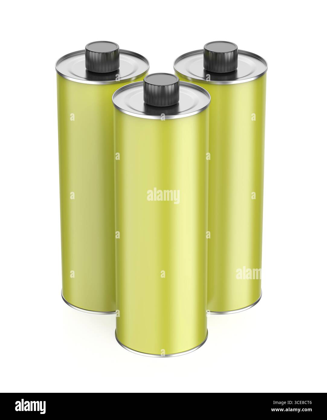 Groupe de trois bouteilles rondes vertes en étain pour l'huile d'olive, l'huile moteur ou d'autres liquides sur fond blanc Banque D'Images