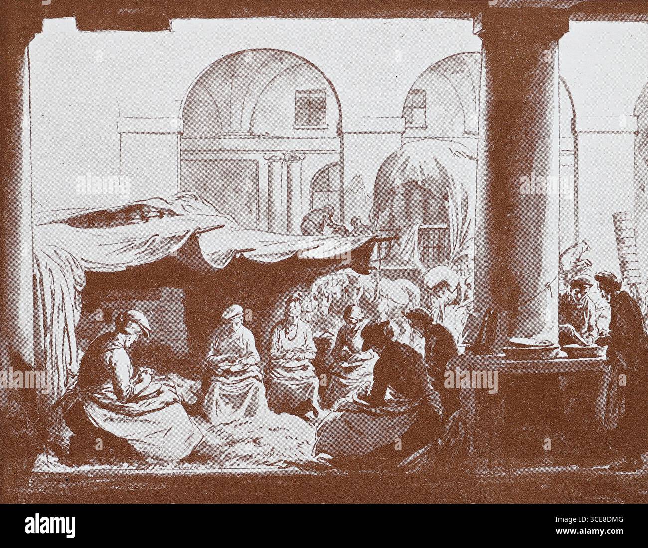 Shelling Peas, Covent Garden Market. Dessin de Sir George Soper de la fin du XIXe ou du début du XXe siècle (1870 - 1942) Banque D'Images