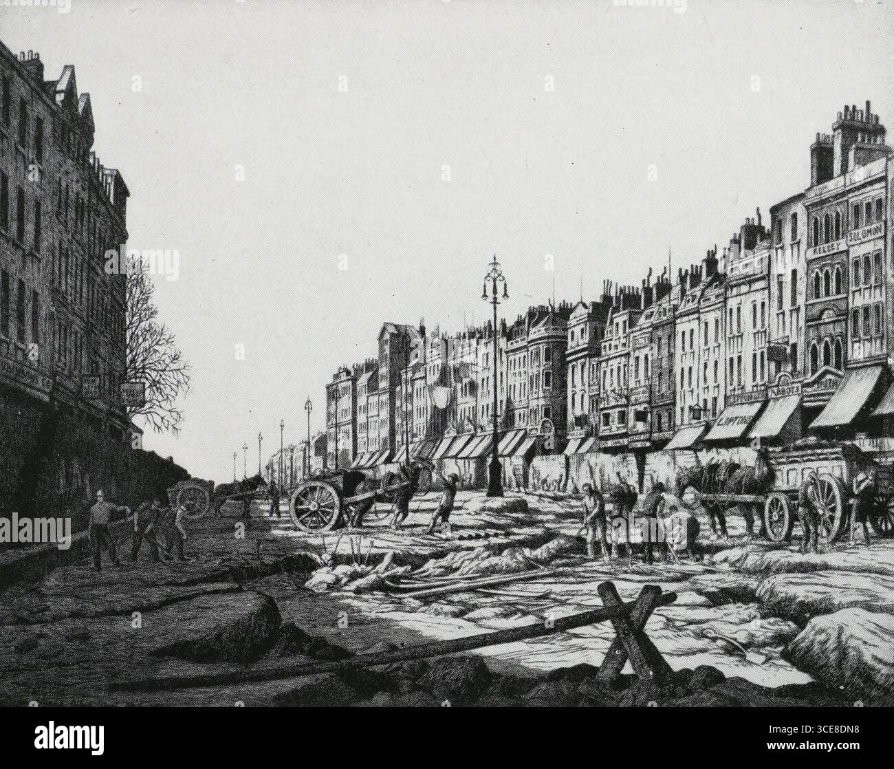 Dessin du début du XXe siècle de Ian Strang (1886 - 1952). Réparation d'Oxford Street, Londres Banque D'Images