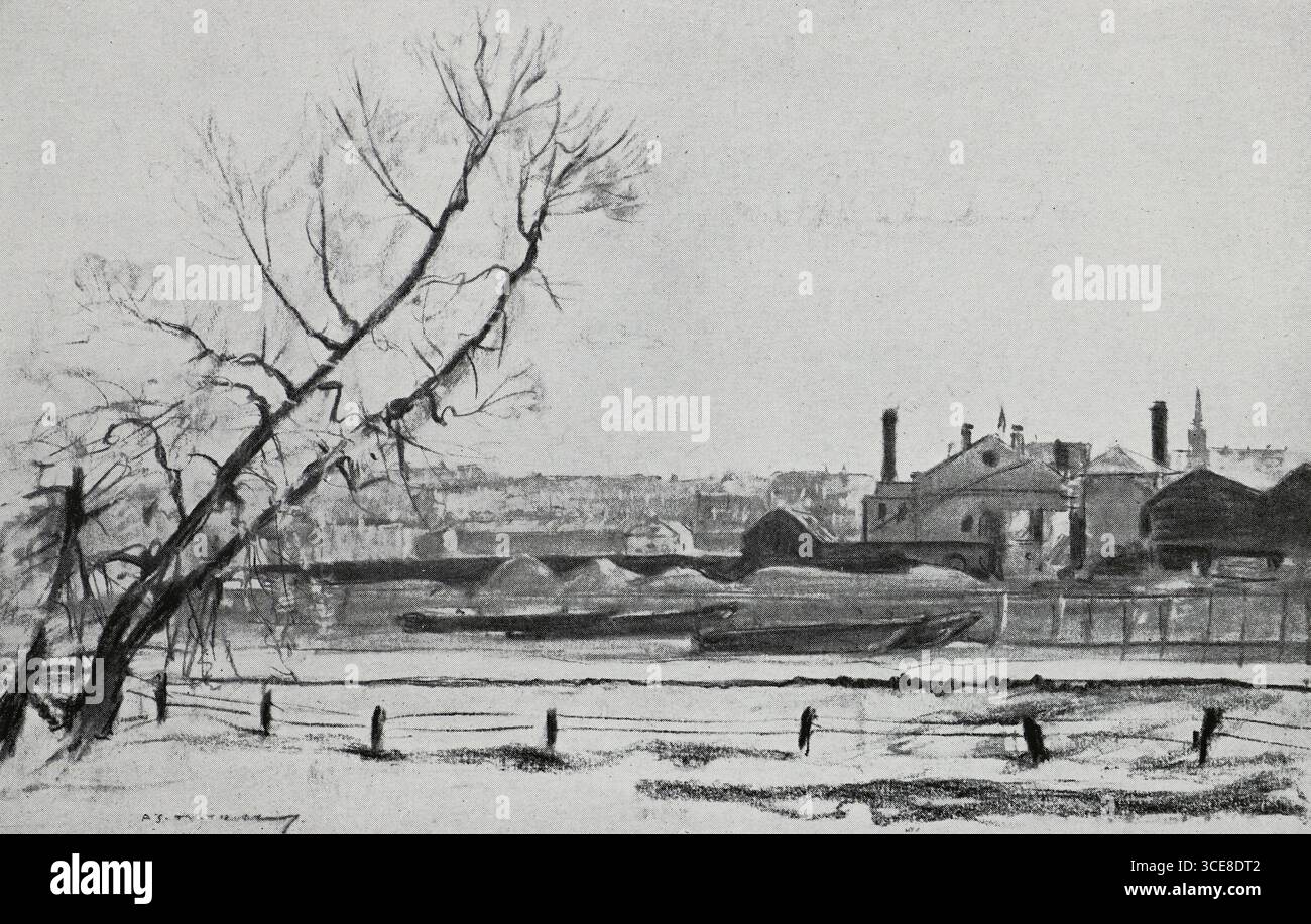 La Tamise à Wandsworth. Dessin d'Archibald Standish Hartrick (1864 - 1950). Banque D'Images