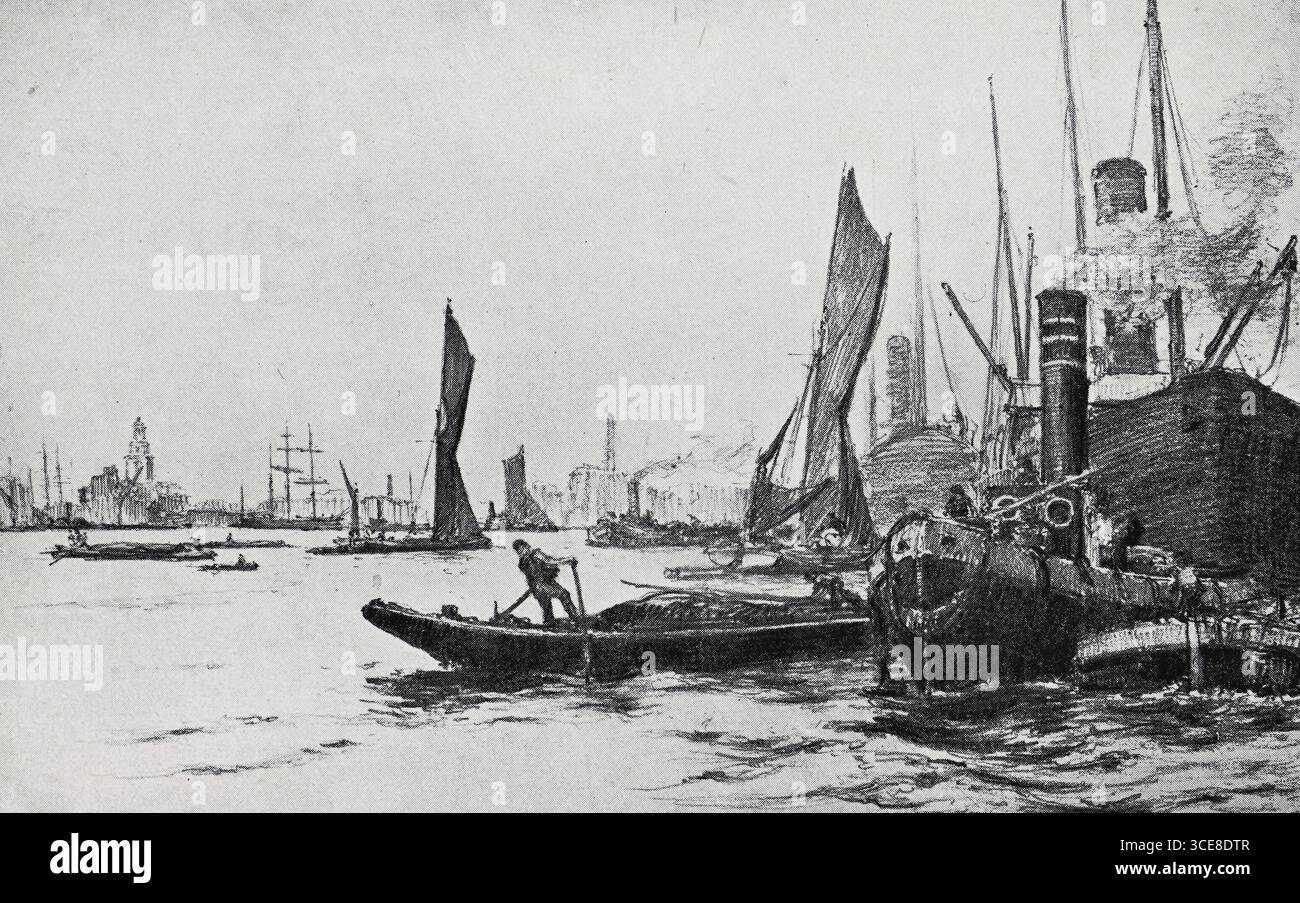 Dessin de Charles Henry Baskett (1872-1953). Limehouse Reach, Londres. Début du XXe siècle Banque D'Images