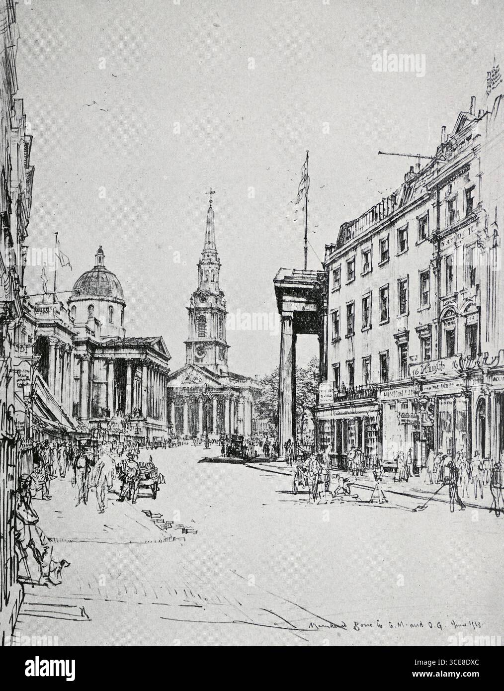 Dessin de 1913 par Sir Muirhead Bone (1876-1953) ; Pall Mall East. Le dessin capture un aperçu de la National Gallery et de l'église St Martin-in-the-Fields sur Trafalgar Square. Le bâtiment à droite avec le grand portique est maintenant l'ambassade du Canada (Haut-commissariat du Canada au Royaume-Uni). Banque D'Images