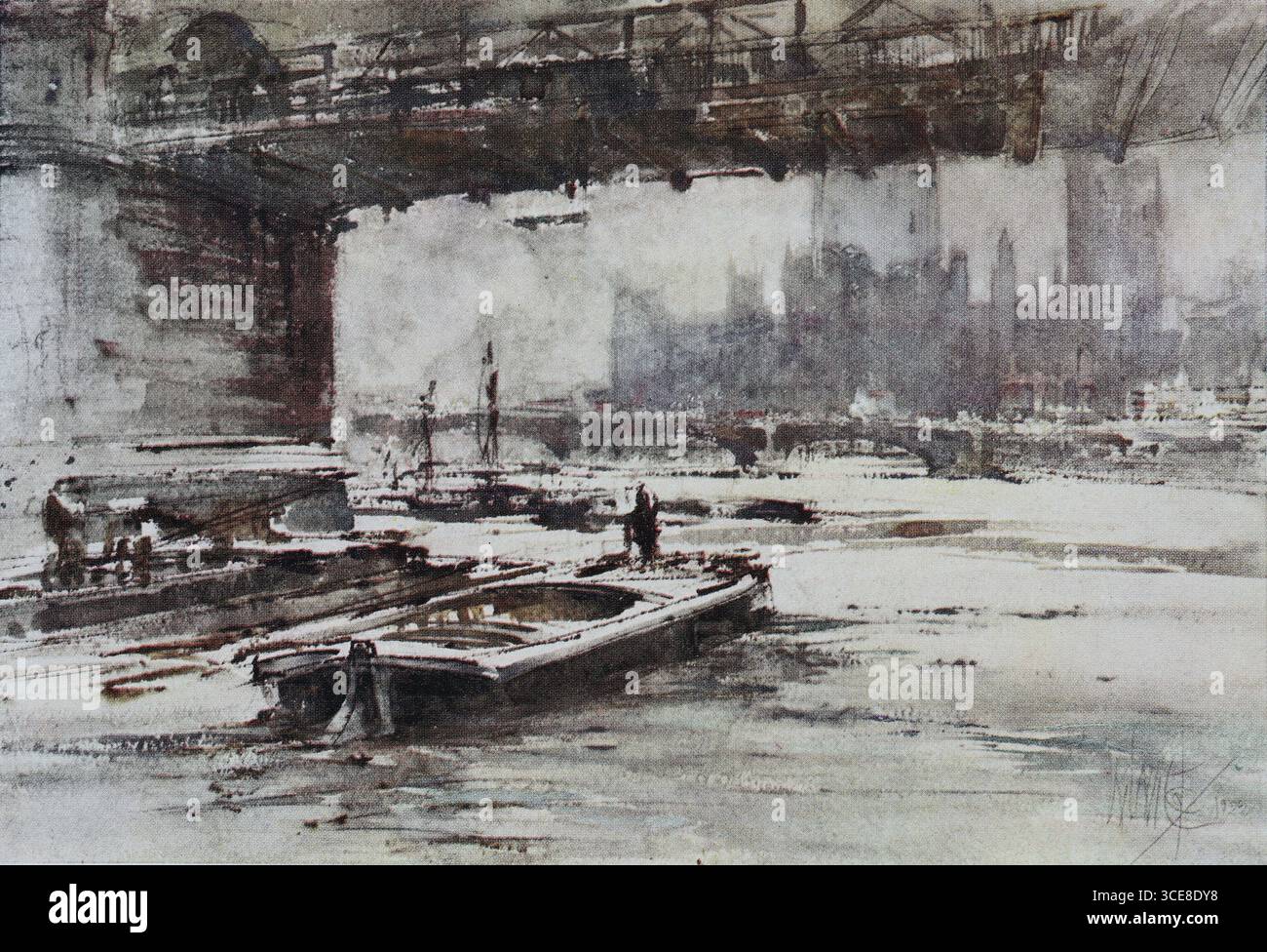 Aquarelle dessinée par William Walcott (1874-1943). Westminster sous Hungerford Bridge. 1920s. Banque D'Images