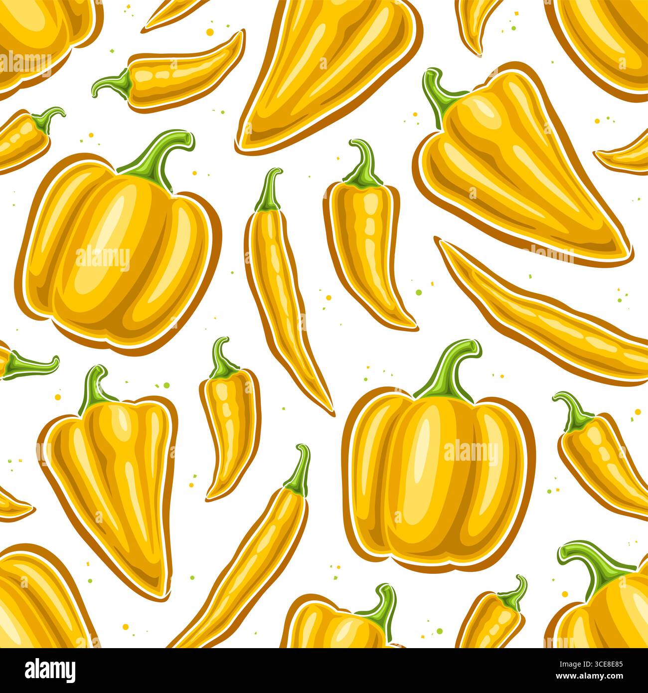 Vector Yellow Pepper Seamless Pattern, fond carré avec divers poivrons de bande dessinée doux et épicés volants, placard avec groupe de plat différent Illustration de Vecteur