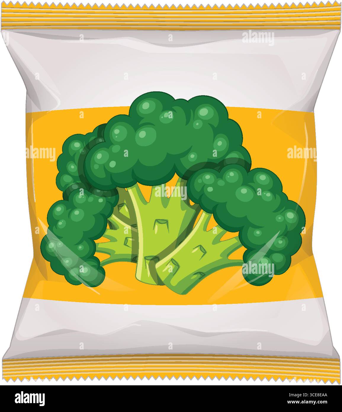 Illustration vectorielle d'un paquet de casse-croûte avec un graphique de brocoli, des lignes épurées, des couleurs plates et un fond jaune et blanc simple Illustration de Vecteur