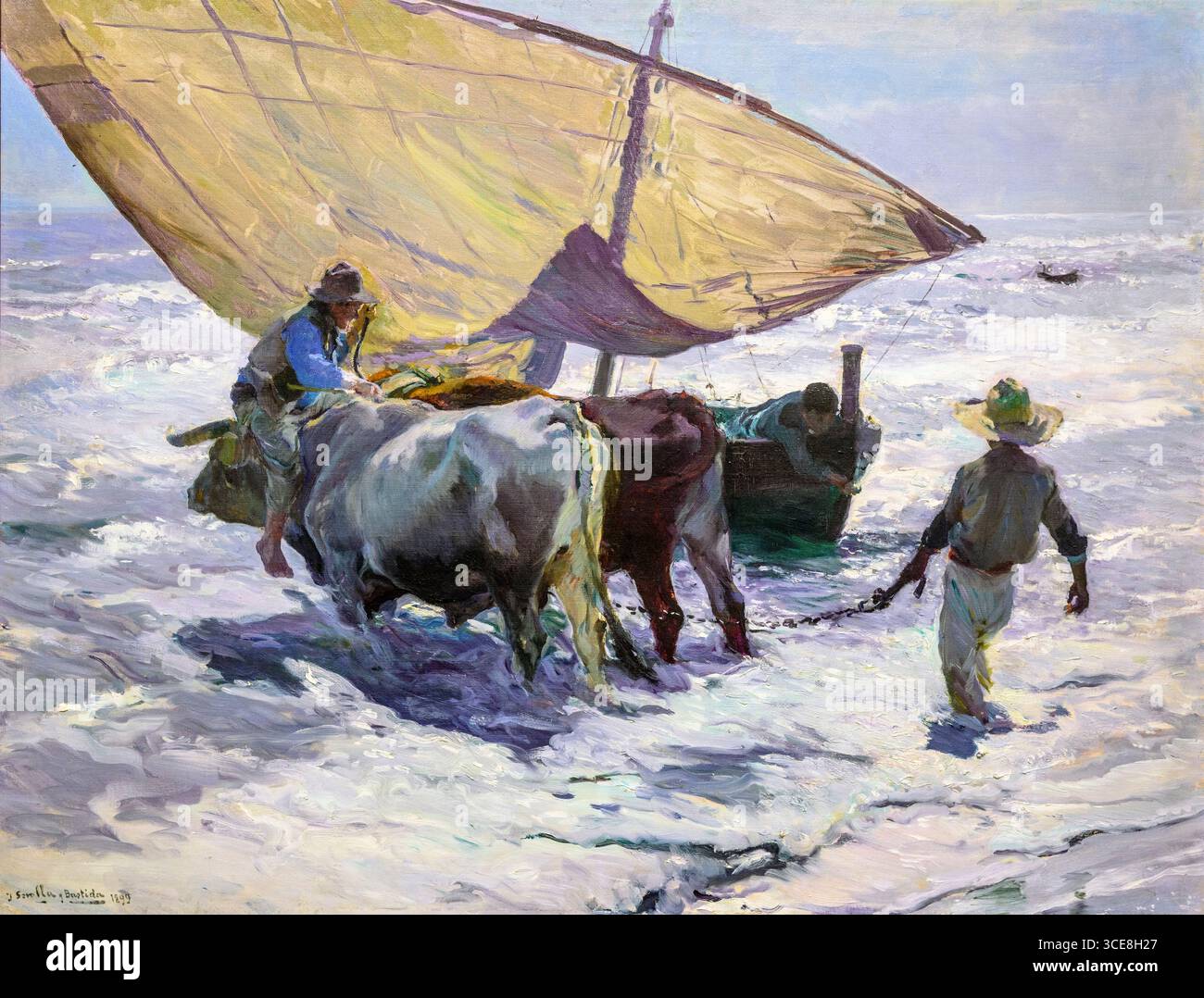 JOAQUIN SOROLLA (1863-1923) Enganchando la barca (accrocher le bateau) 1899. huile sur toile Banque D'Images