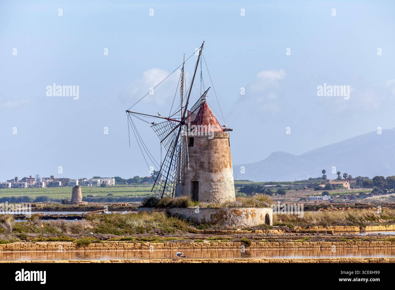 Moulins à vent près des marais salants de Mozia, Sicile Banque D'Images