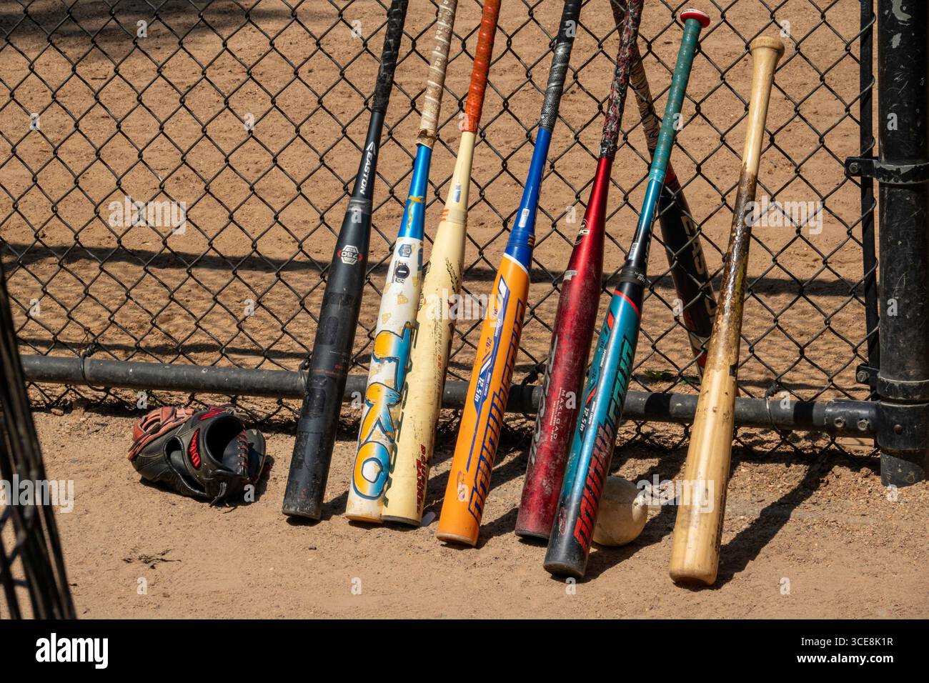 Battes de softball contre la barrière de backstop au Heckscher Ballfields à Central Park, New York City, États-Unis 2025 Banque D'Images