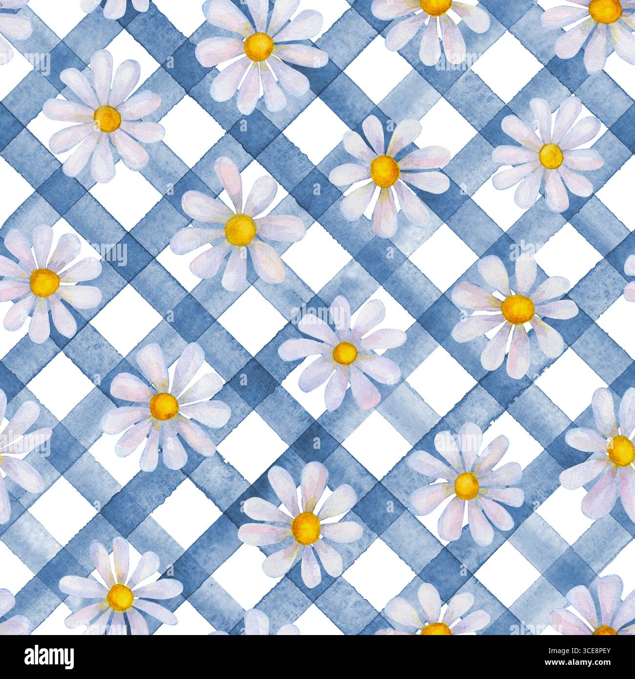 Fleurs de camomille aquarelle. Motif sans couture à rayures indigo bleu marine fleuri. Fond d'illustration botanique d'été dessiné à l'aquarelle à la main. Imprimer Banque D'Images