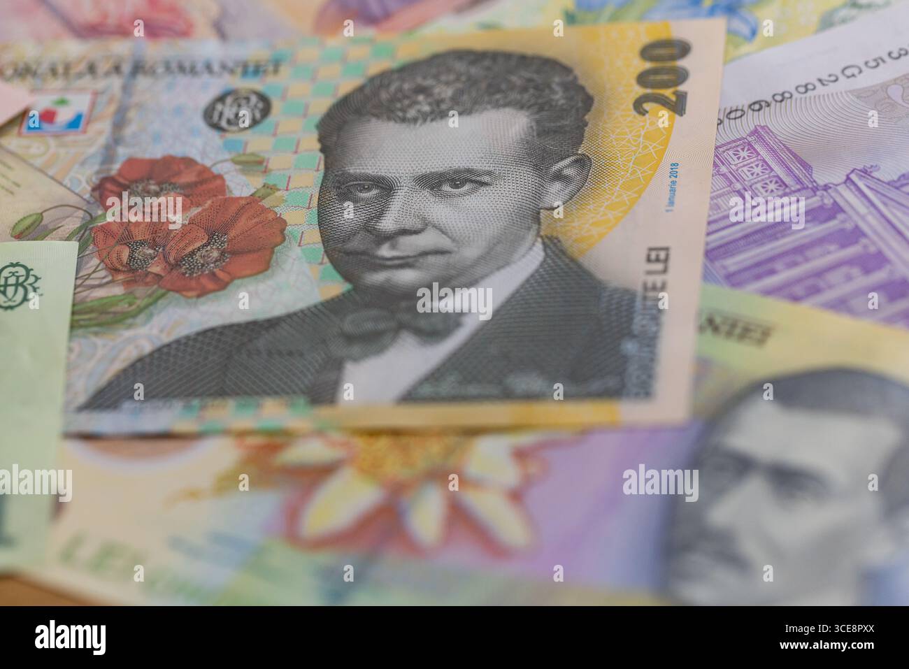 Une composition à plat de billets de banque roumains Leu Banque D'Images