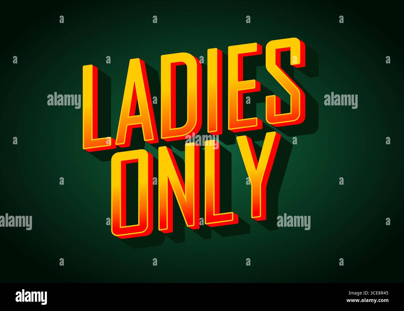 Un design graphique vibrant avec le texte LADIES ONLY en caractères gras, trois dimensions avec un effet d'ombre, sur fond vert foncé. Illustration de Vecteur