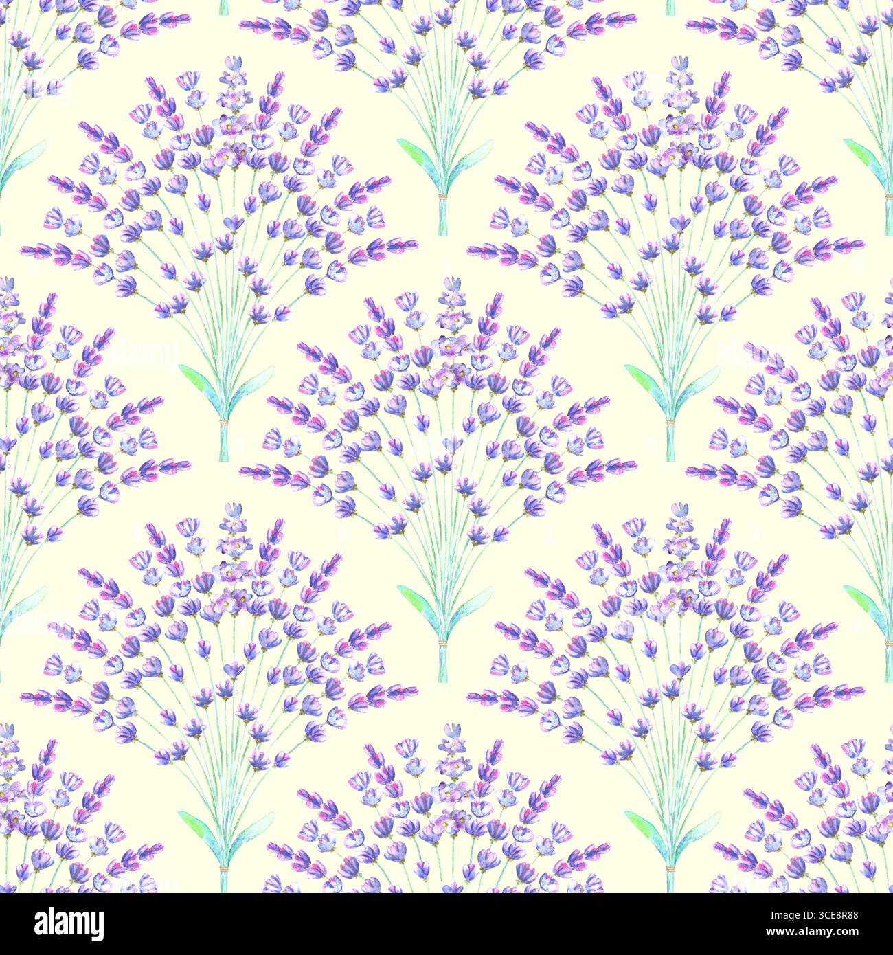 Aquarelle lavande fleurs bouquet floral motif sans couture. Aquarelle dessinée à la main fleur de lilas violet sur fond blanc laiteux. Imprimé de style rustique Banque D'Images