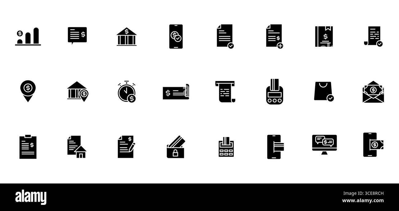 Solide icône set finance , affaires et concept comptable. Argent, investissement, analyse, paiement etc. Noir et blanc Glyph Icon Set Illustration de Vecteur
