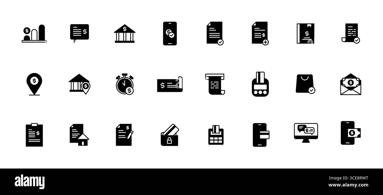 Icône Set finance , affaires et concept comptable. Argent, investissement, analyse, paiement etc. noir et blanc semi solide icône Illustration de Vecteur