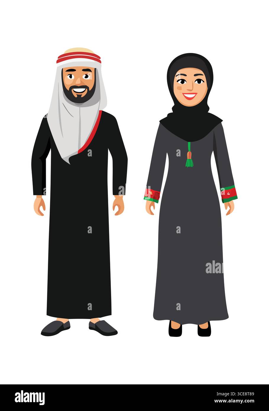 Personnages de dessins animés dans des vêtements arabes traditionnels Illustration de Vecteur