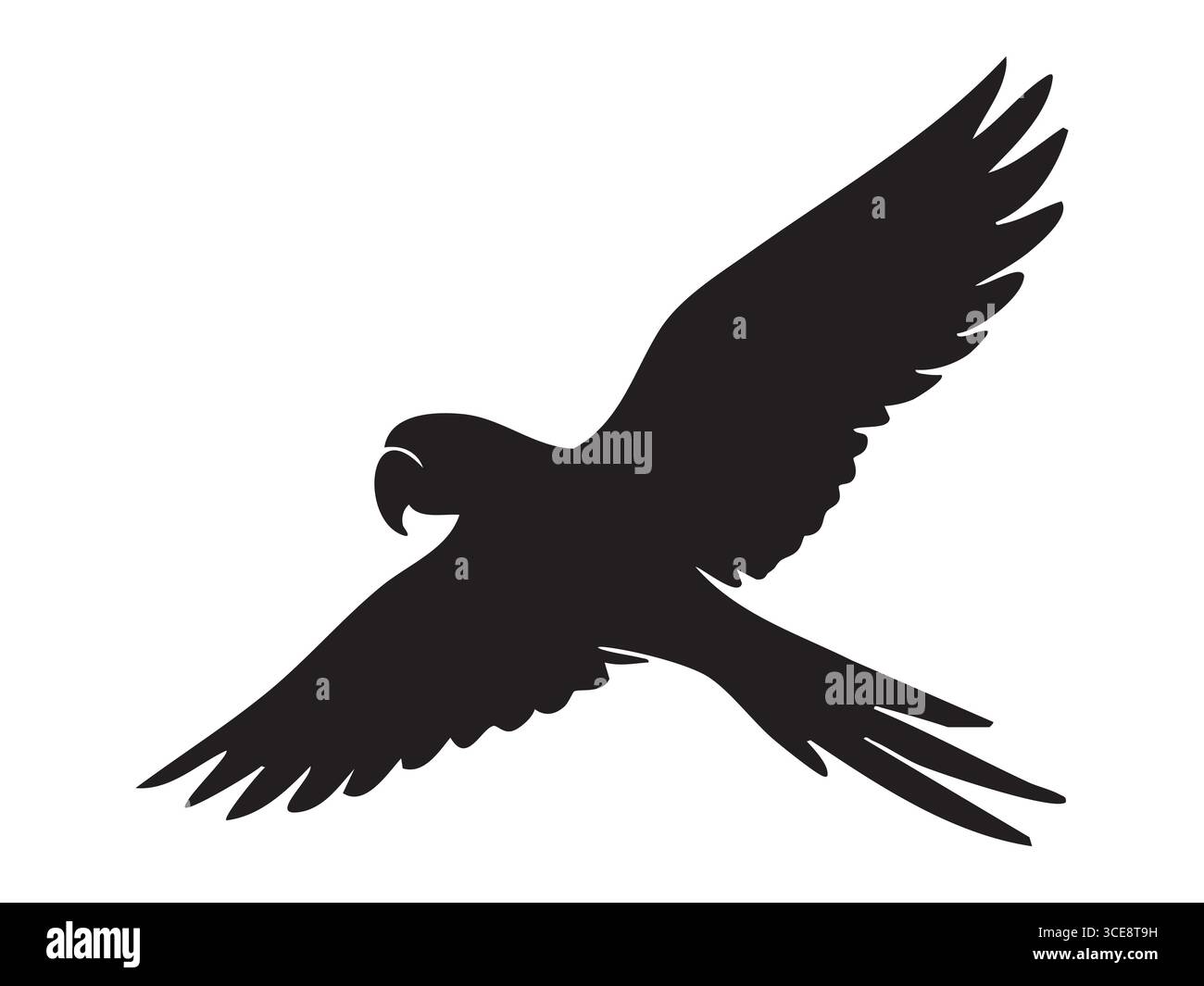 Silhouette noire de perroquet d'aras en vol, ailes déployées largement, isolées sur fond blanc. concept d'oiseau exotique, faune, liberté, icône de la nature, l Illustration de Vecteur