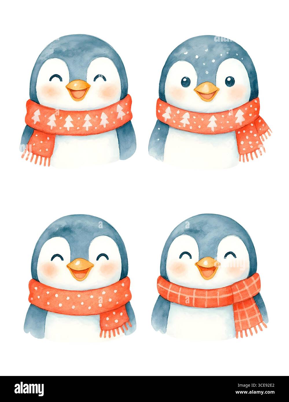 Lot de 4 adorables pingouins de Noël – Collection festive de cliparts hivernaux Banque D'Images