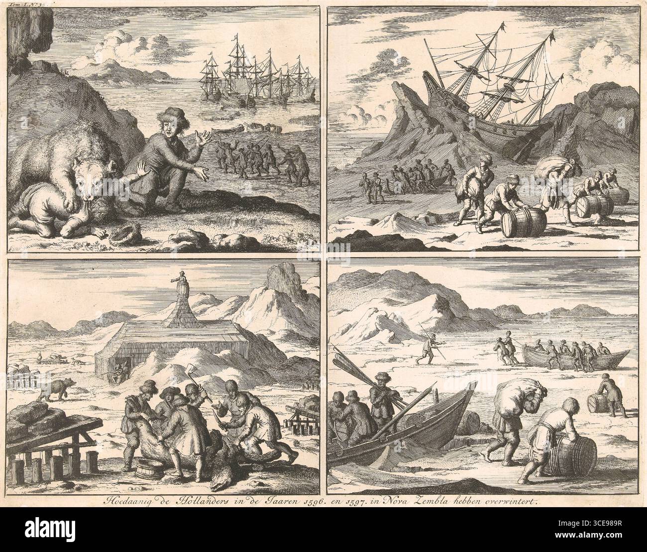 Hivernage sur Novaya Zemlya, 1596-1597 par Jan Luyken, 1682 quatre scènes de l'hivernage sur Novaya Zemlya (Nouvelle Zélande), 1596-1597. L'équipage est attaqué par des ours polaires, sauvant les marchandises du navire, tirant et abattant un ours polaire, et préparant les bateaux pour le départ. Banque D'Images