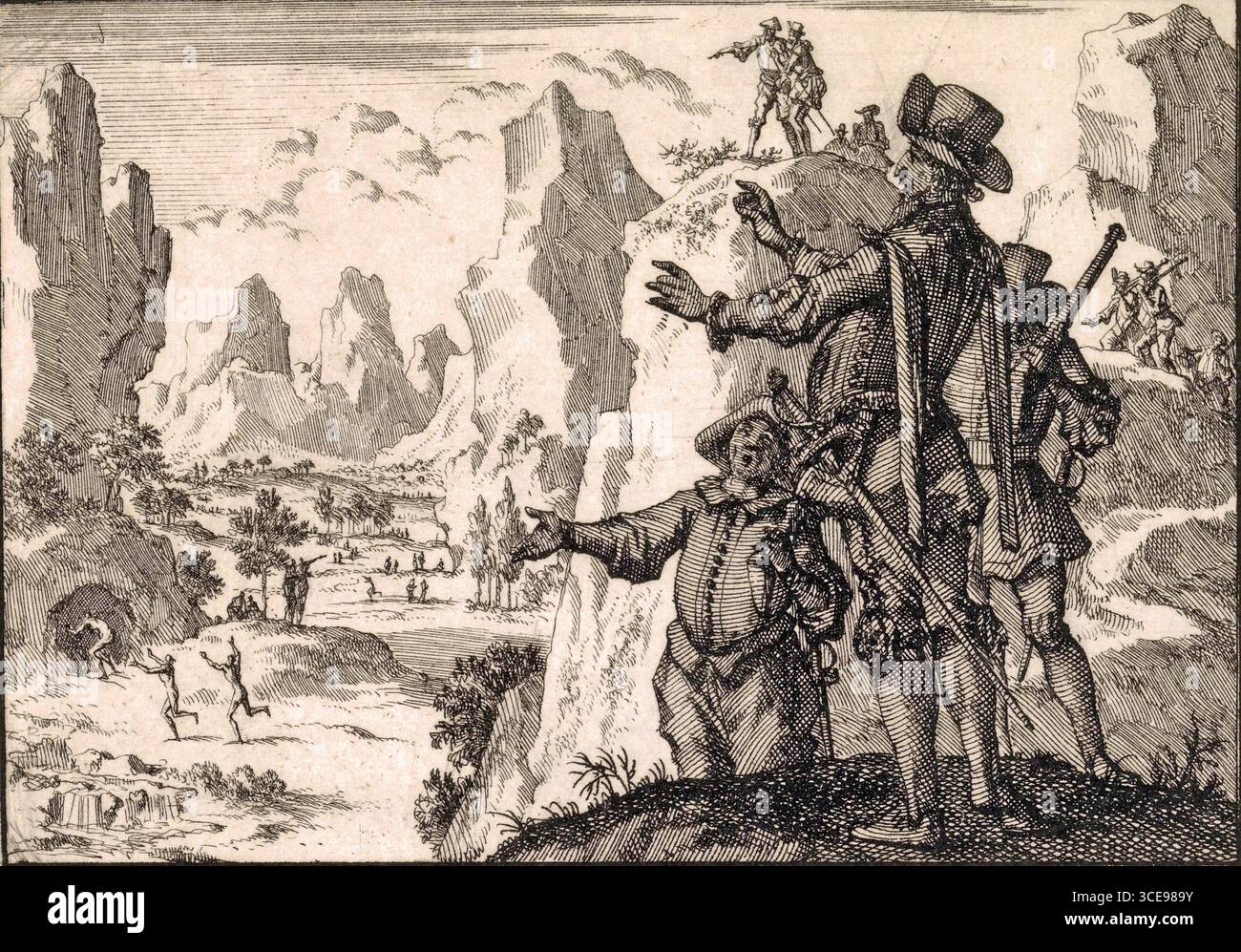 Les Espagnols armés regardent vers le bas des rochers sur les gens vivant complètement sauvage, vers 1600 par Jan Luyken en 1698 Banque D'Images
