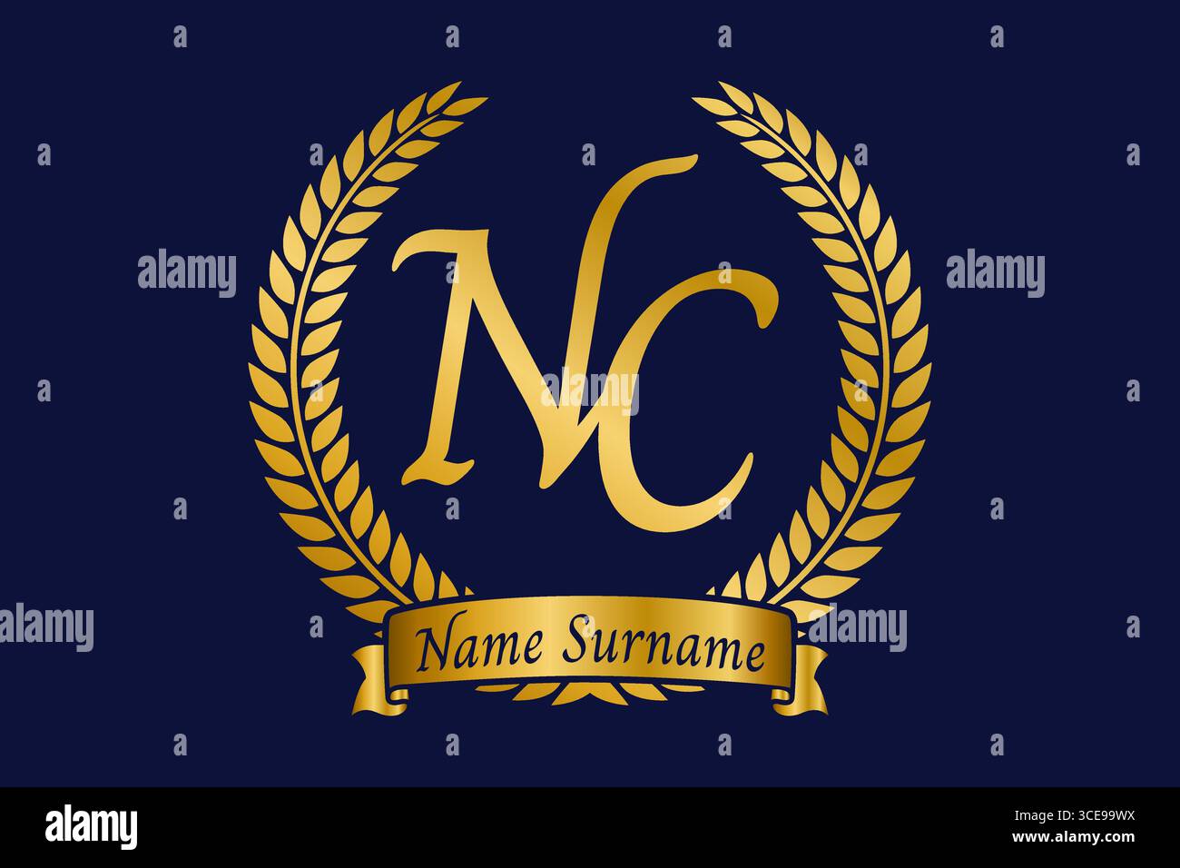 Lettre initiale N et C, logo NC monogramme avec couronne de laurier. Emblème doré de luxe avec police calligraphie. Illustration de Vecteur