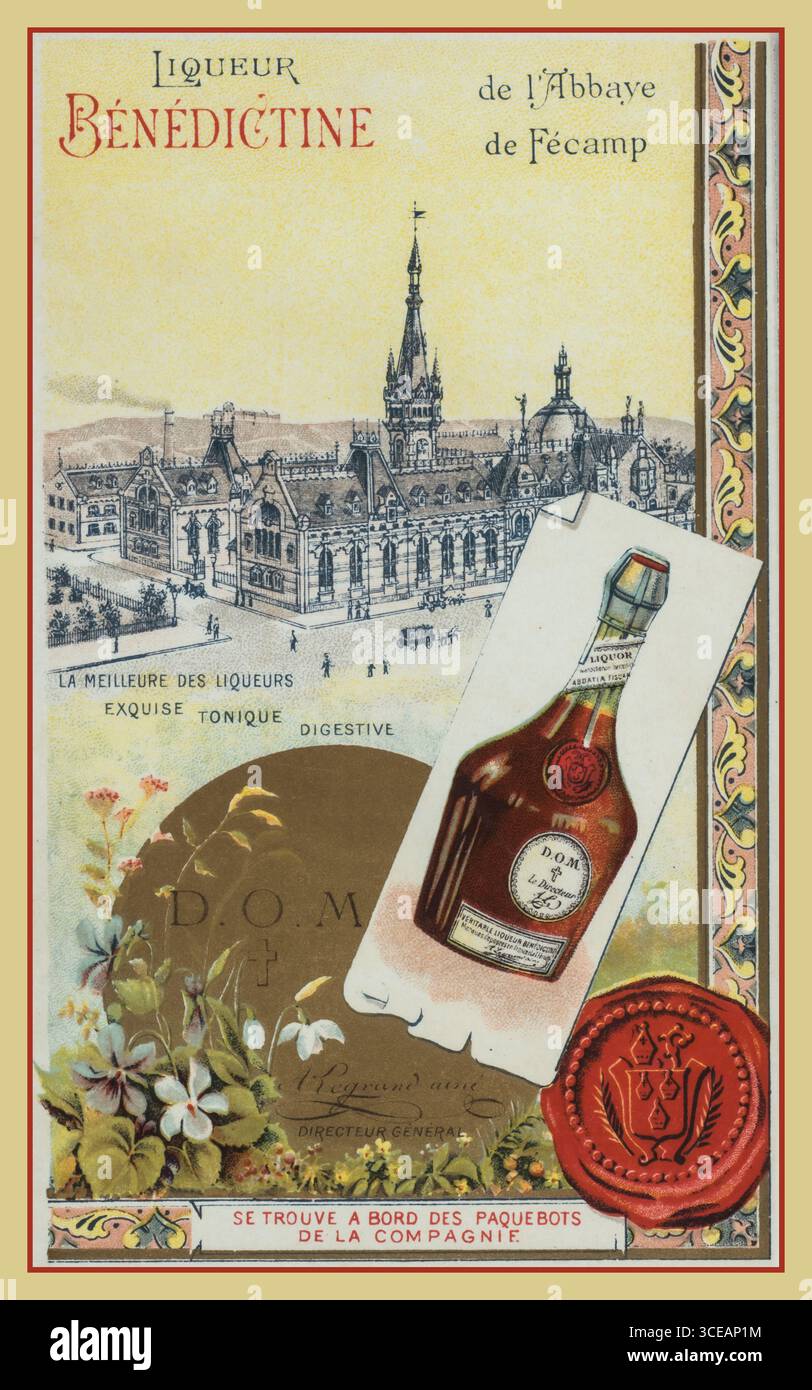 Affiche bénédictine de liqueur vintage, v. 1900 – publicité française pour l'abbaye de Fécamp, France. Cette affiche promotionnelle du début du XXe siècle met en valeur la bénédictine, la célèbre liqueur aux herbes créée par Alexandre le Grand à l’abbaye de Fécamp en Normandie. Mettant en vedette la période belle époque, l’affiche met l’accent sur le riche patrimoine de la liqueur, le mélange unique d’herbes et d’épices et l’artisanat français. À la fois un outil de marketing et un travail de compris Banque D'Images
