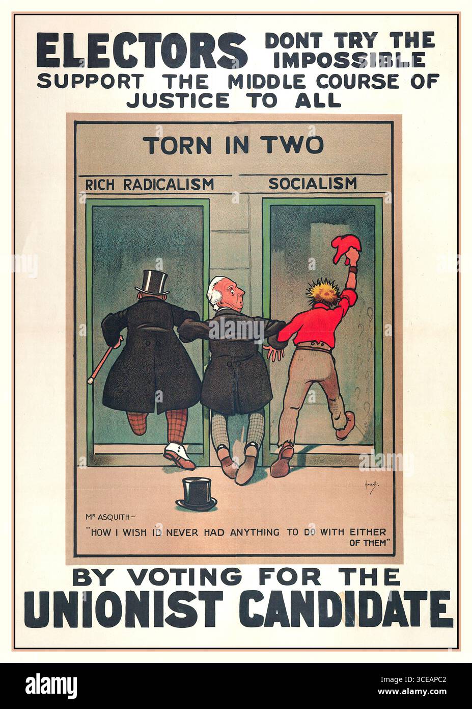 Lithographie d'affiche politique britannique vintage montrant un personnage dans un chapeau haut de gamme et des becs (représentant le radicalisme) et un ouvrier dans une chemise rouge et une casquette (socialisme) tentant de traîner Asquith à travers deux portes marquées radicalisme riche et socialisme. Affiches politiques britanniques, c1905-c1910 L'affiche reflète les tensions au sein de la politique libérale et les débats plus larges sur la réforme sociale, l'identité de classe et les divisions de partis au début du XXe siècle en Grande-Bretagne. VOTEZ CANDIDAT UNIONISTE Banque D'Images
