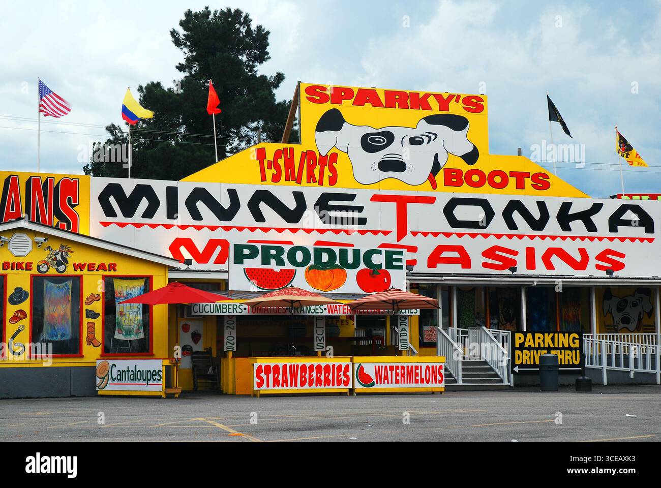 Un magasin porte une grande enseigne pour attirer les touristes à leurs affaires près de Myrtle Beach, Caroline du Sud Banque D'Images