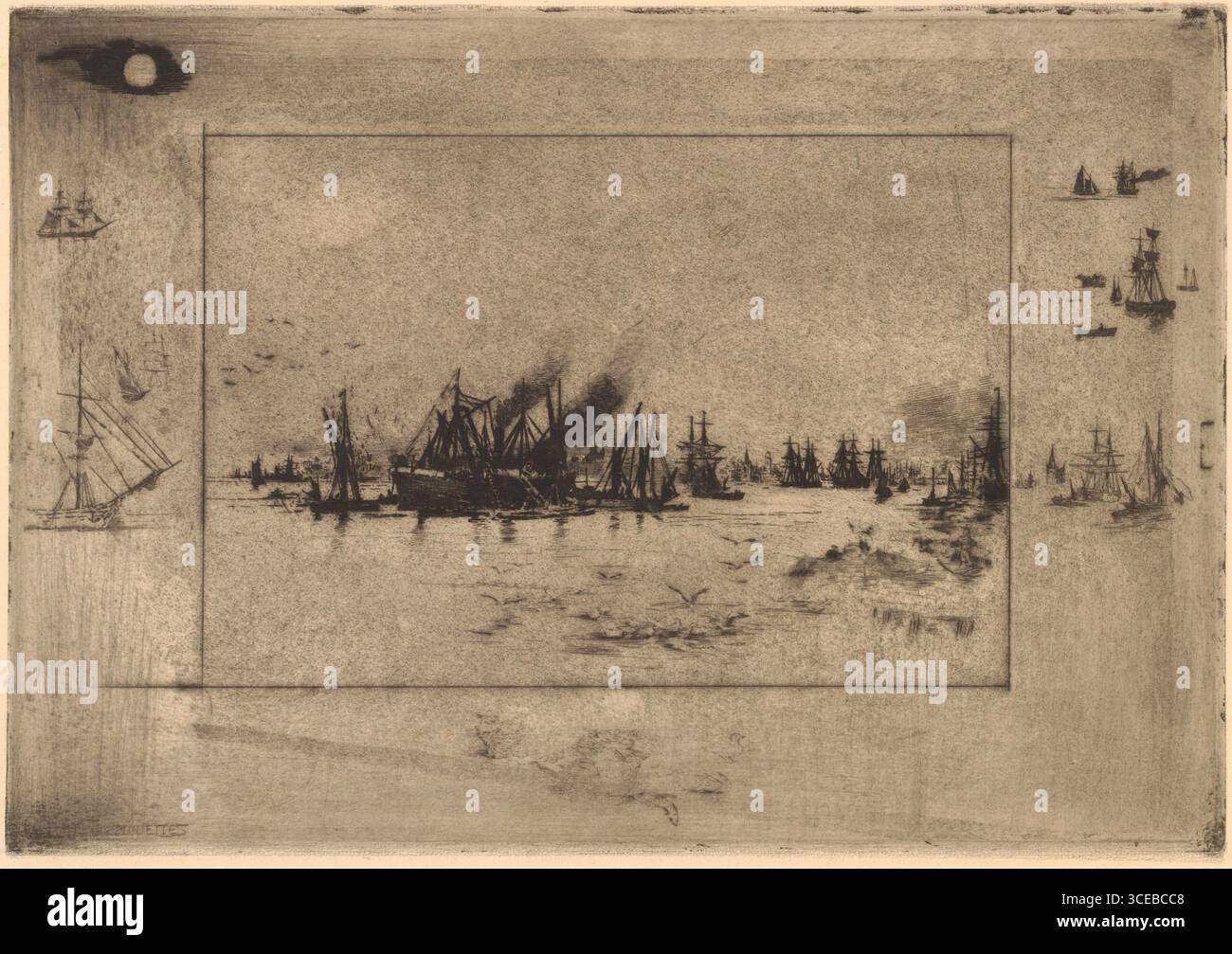 'Le Port aux mouettes', 1886, de l'artiste français Félix-Hilaire Buhot. Gravure représentant une scène portuaire animée avec des voiliers, des bateaux à vapeur et des mouettes en vol au-dessus des eaux calmes, encadrées de croquis maritimes le long de la frontière. Banque D'Images