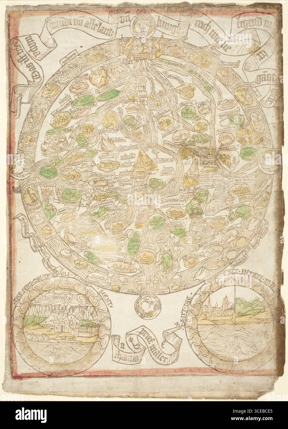 Carte du monde, vers 1480, par Hans Sporer, artiste allemand. Cette cartoa mundi médiévale tardive représente une vue symbolique et inspirée religieusement du monde connu, orientée avec l'est au sommet. La gravure sur bois colorée à la main présente des continents stylisés, des villes, des rivières et des scènes bibliques, intégrant la géographie à la cosmologie chrétienne. Banque D'Images