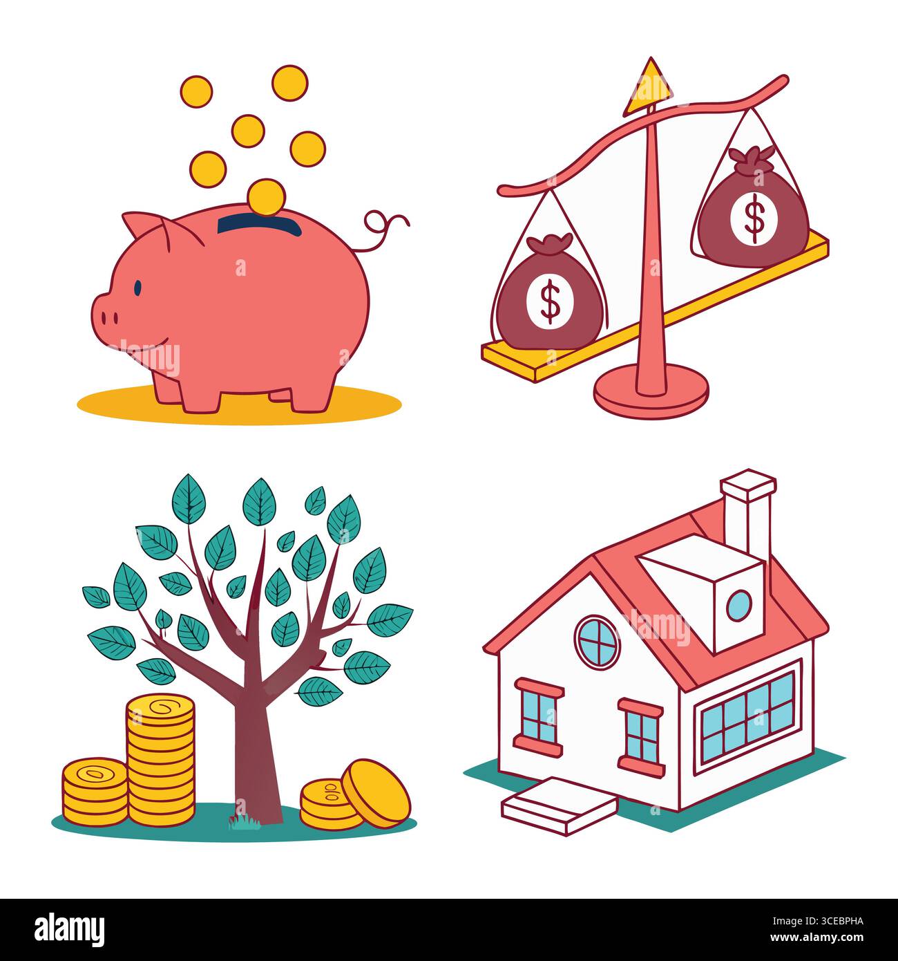 illustrations vectorielles de l'investissement d'épargne financière, y compris les écailles d'arbre de tirelire et la maison Illustration de Vecteur
