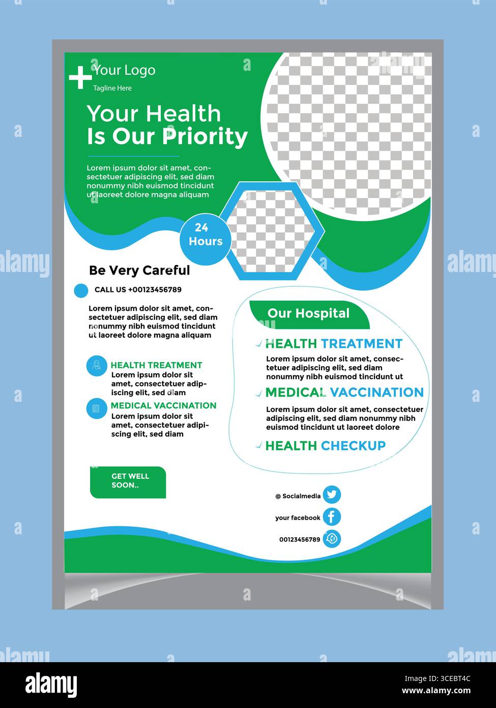 Conception moderne de flyer d'hôpital pour les services de santé, ou Un flyer visuellement attrayant faisant la promotion de divers services de santé dans un hôpital. Illustration de Vecteur