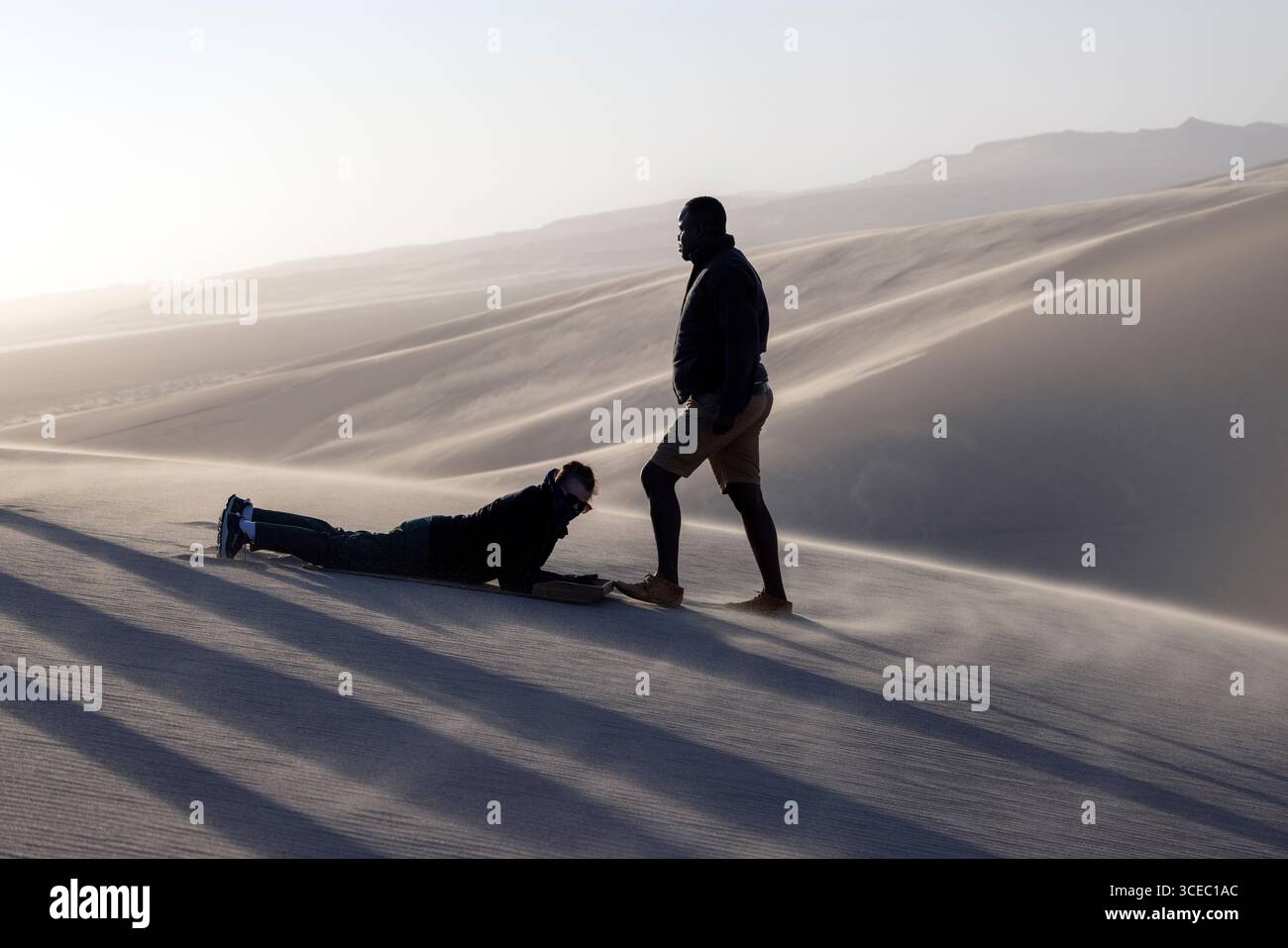 Sandboard sur les dunes au Shipwreck Lodge - Skeleton Coast National Park, Namibie, Afrique Banque D'Images